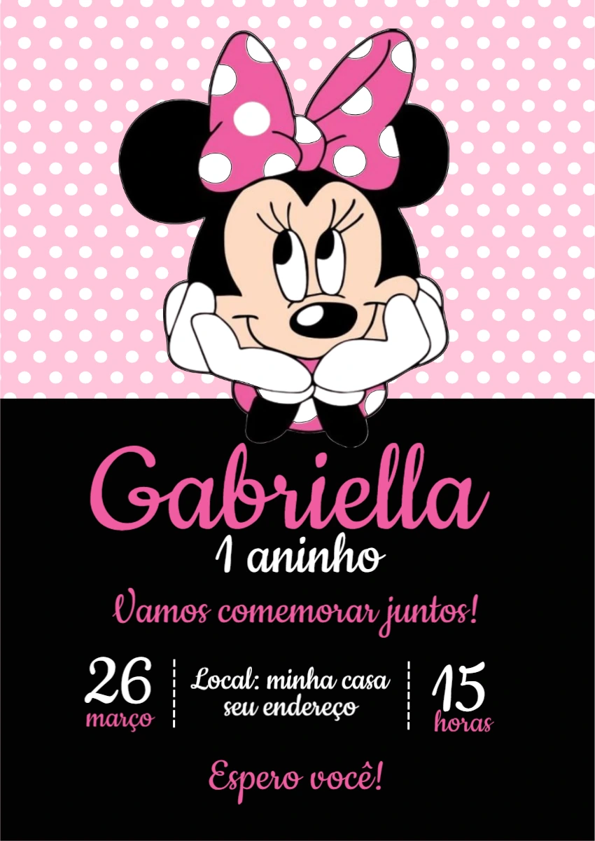 Convite de Aniversário Minnie Rosa Poá Modelo Editável