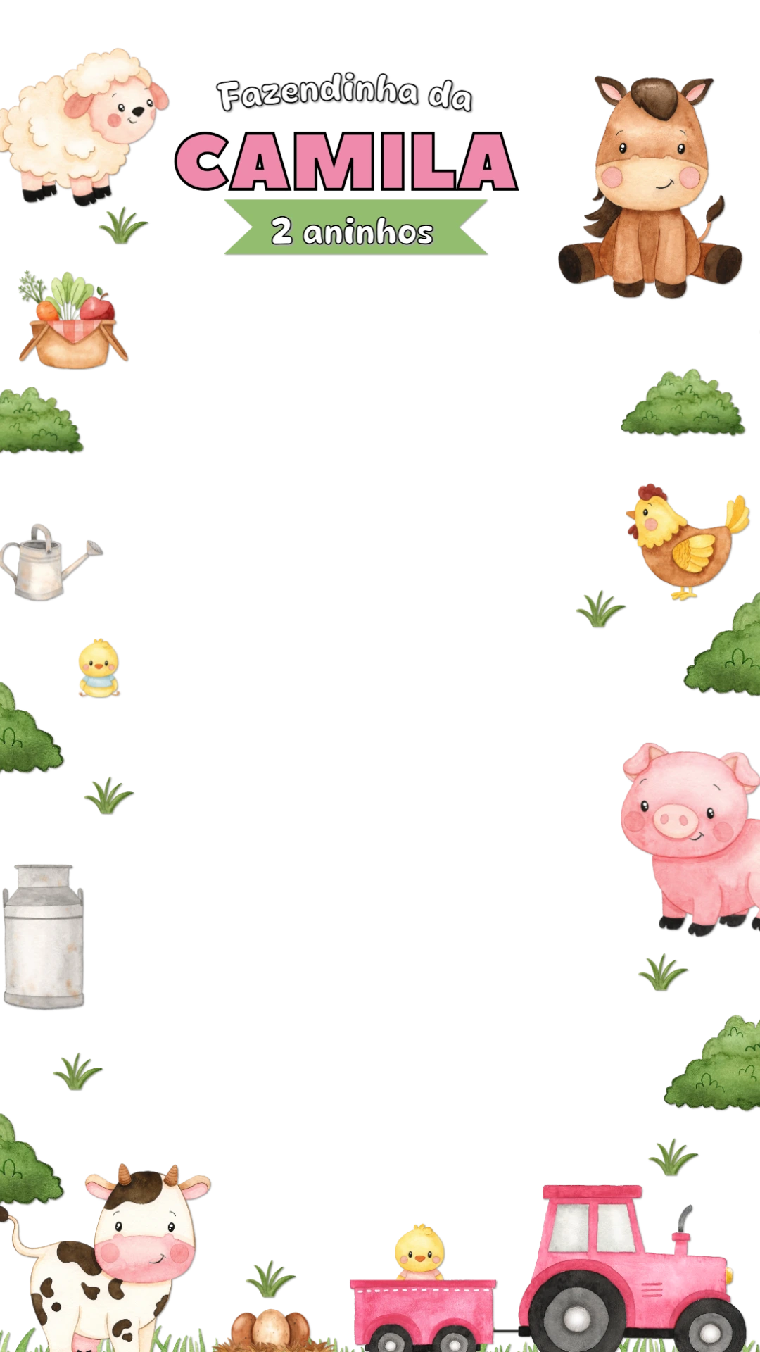 Moldura de Aniversário Fazendinha Rosa Editável Online