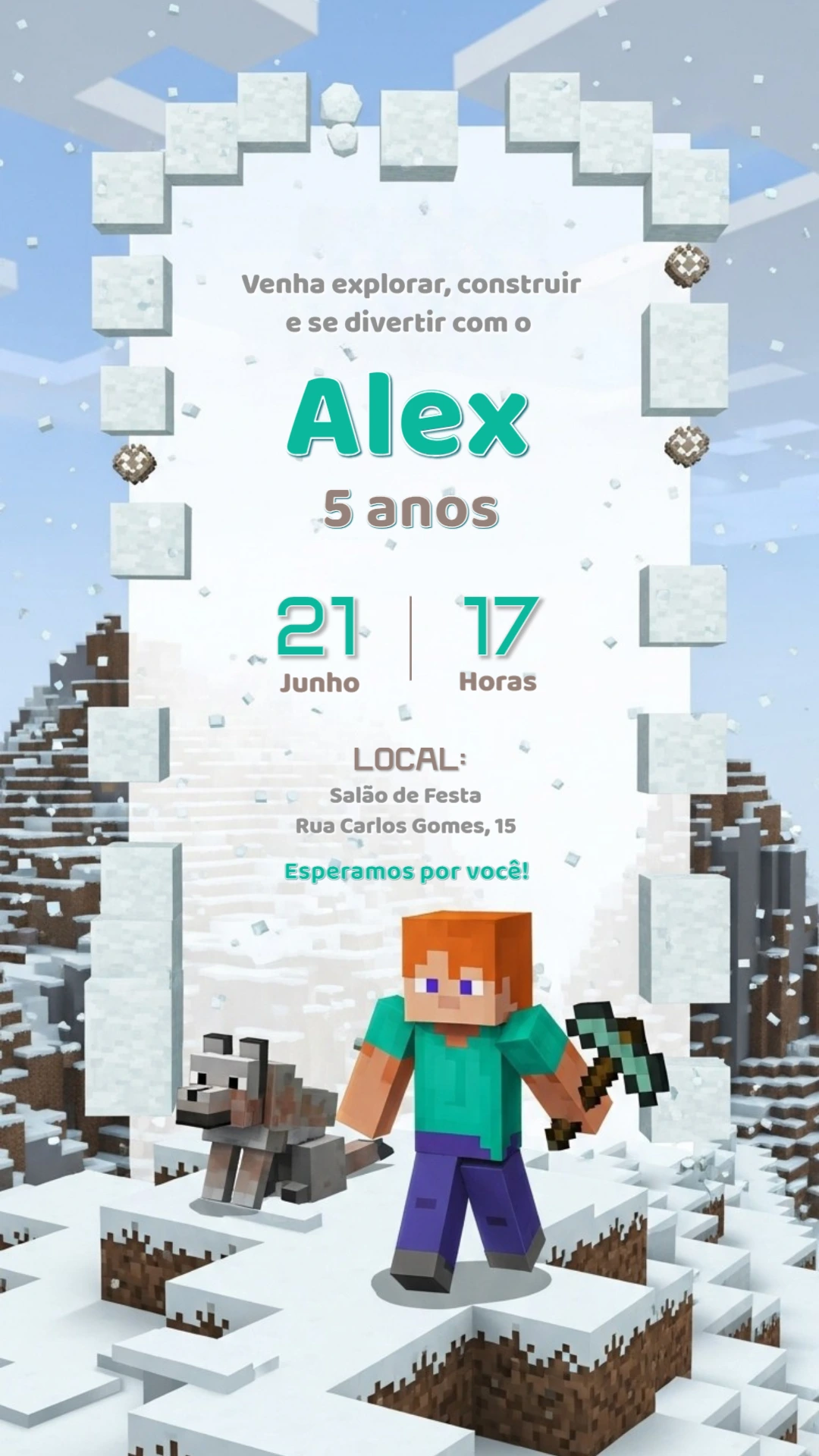 Convite de Aniversário Minecraft com Personagens para Editar