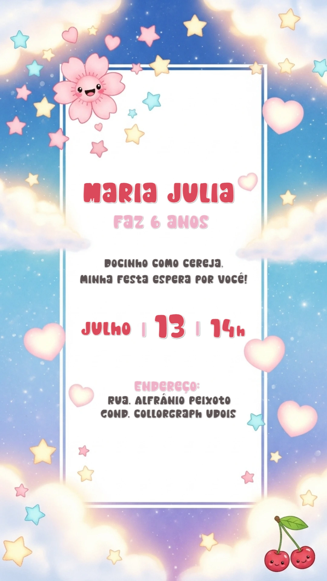 Convite de Aniversário Tema Cereja Kawaii para Editar Online
