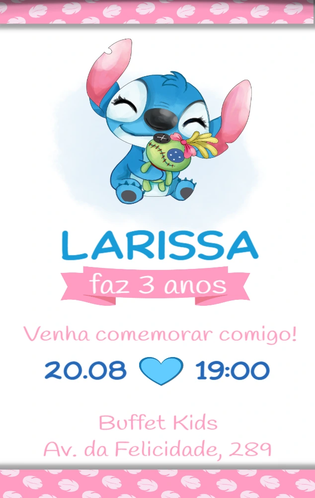 Convite de Aniversário Stitch Rosa para Editar Online
