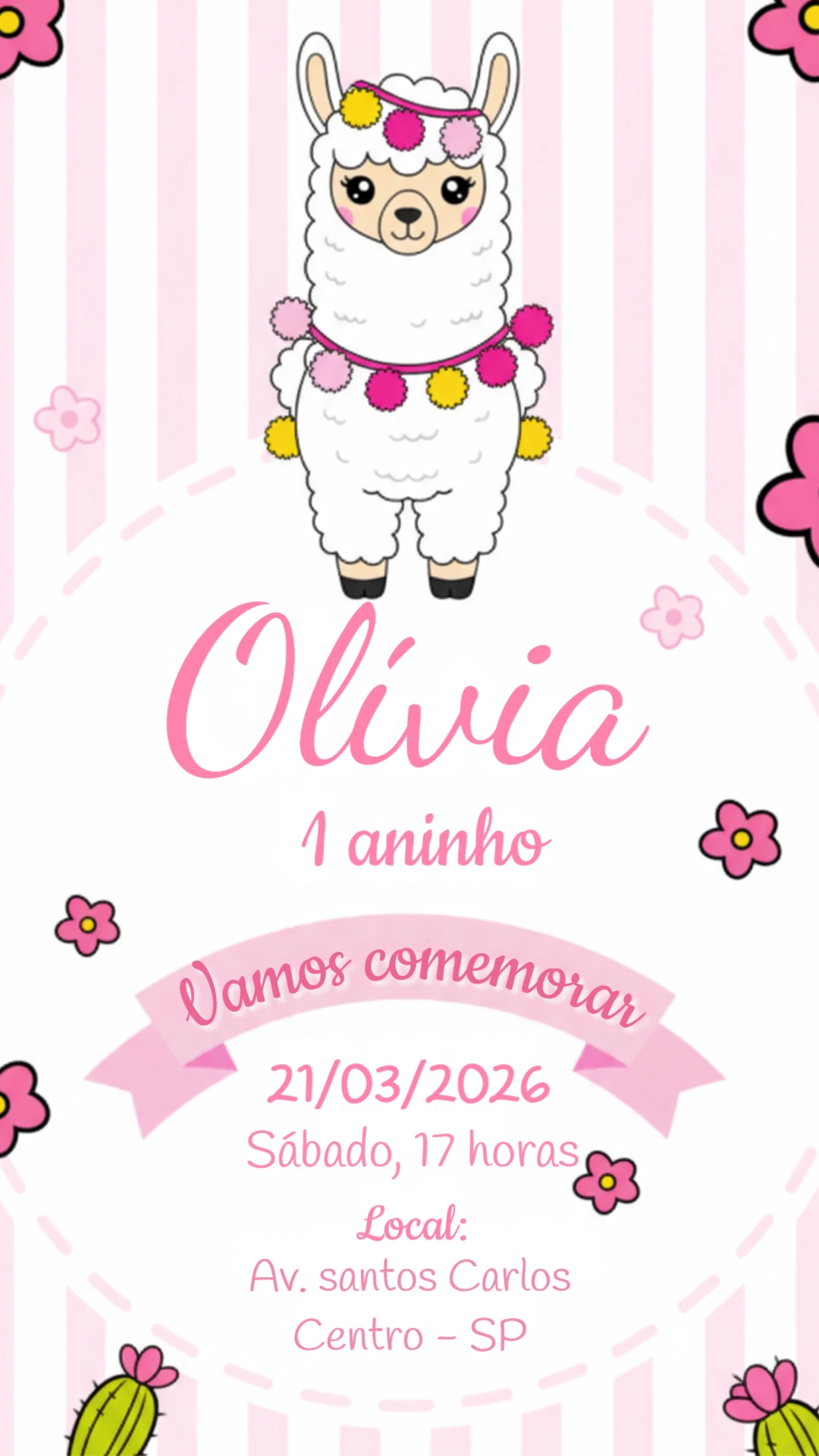 Convite Digital Aniversário Infantil Lhama Rosa Editável