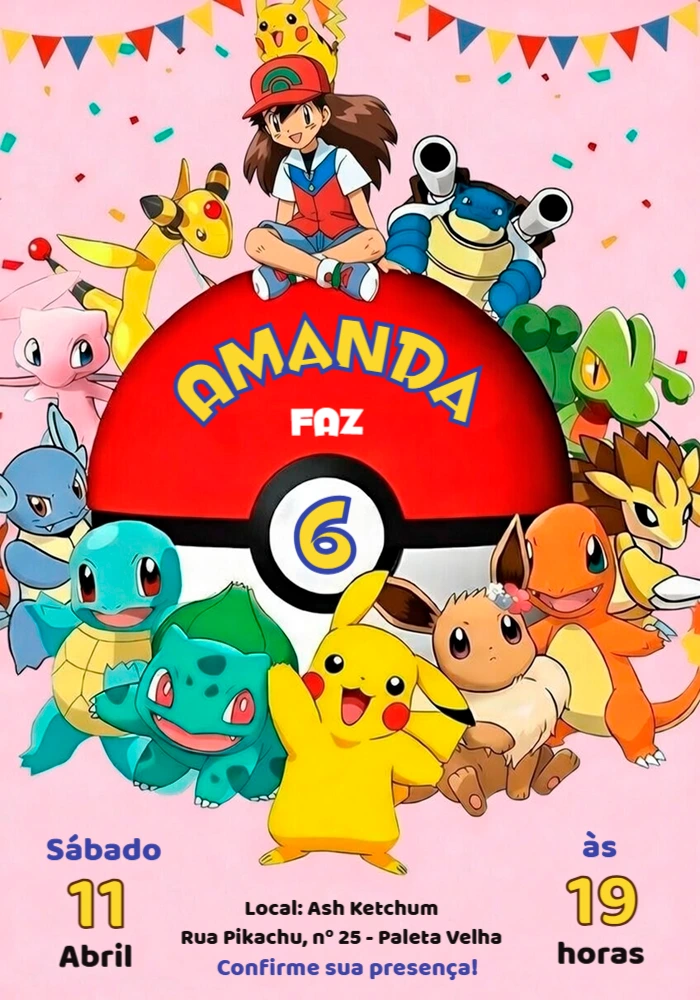 Convite de Aniversário Pokémon Colorido para Editar Online