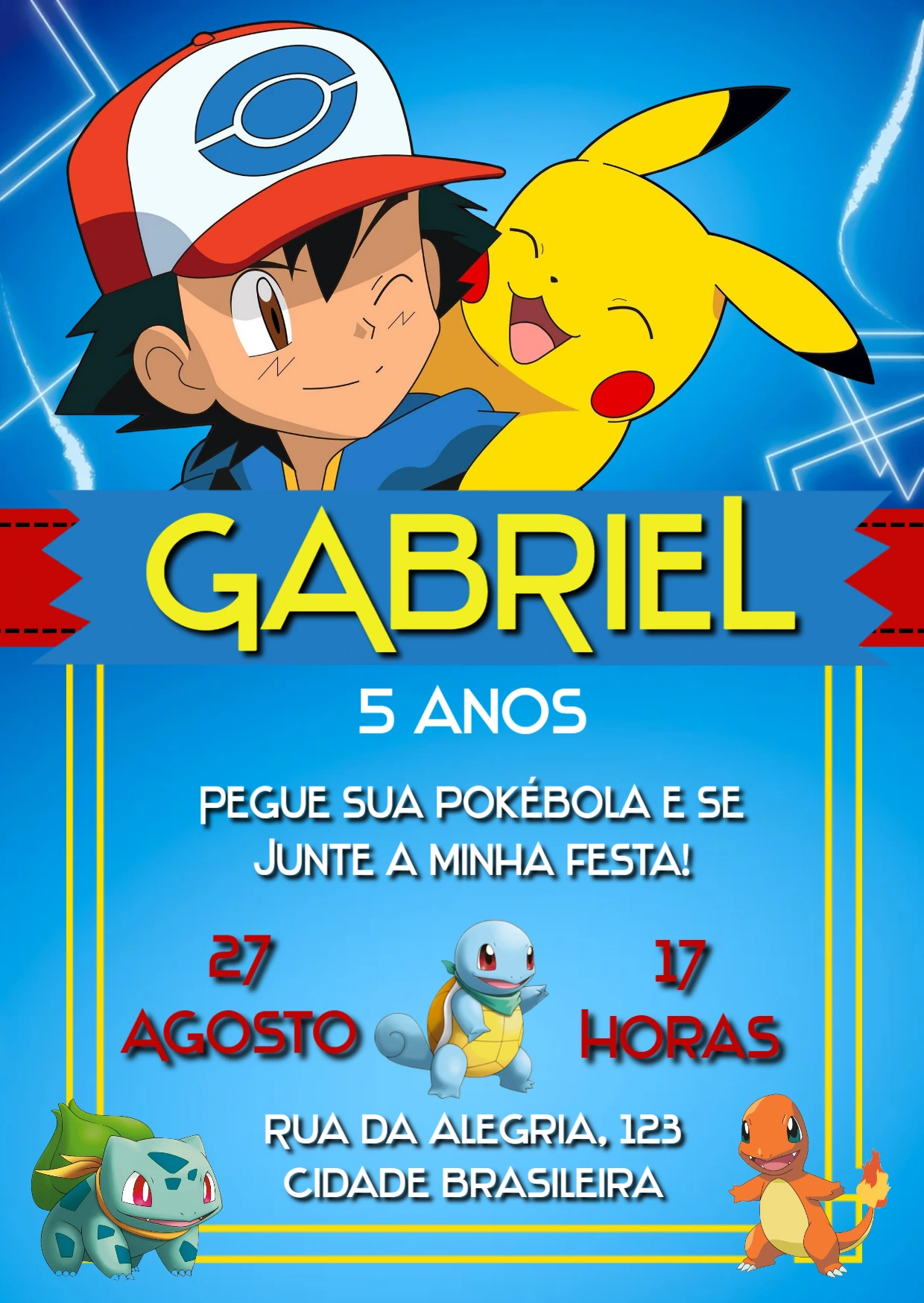 Convite Aniversário Pokémon com Ash e Pikachu para Editar Online
