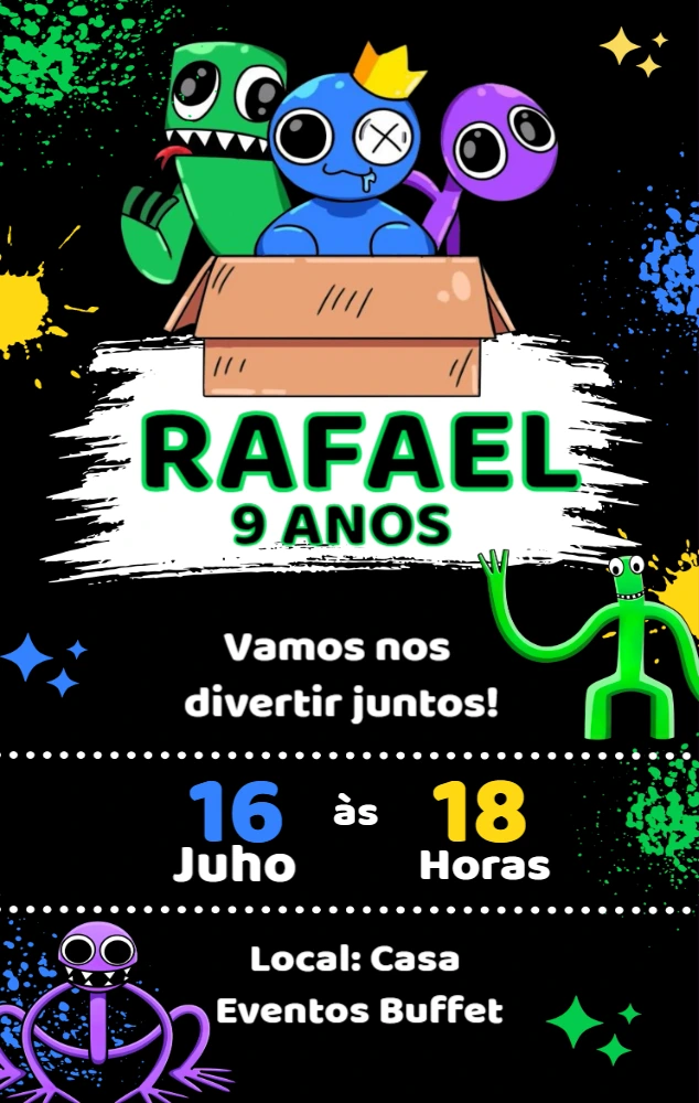 Convite de Aniversário Rainbow Friends para Editar Online