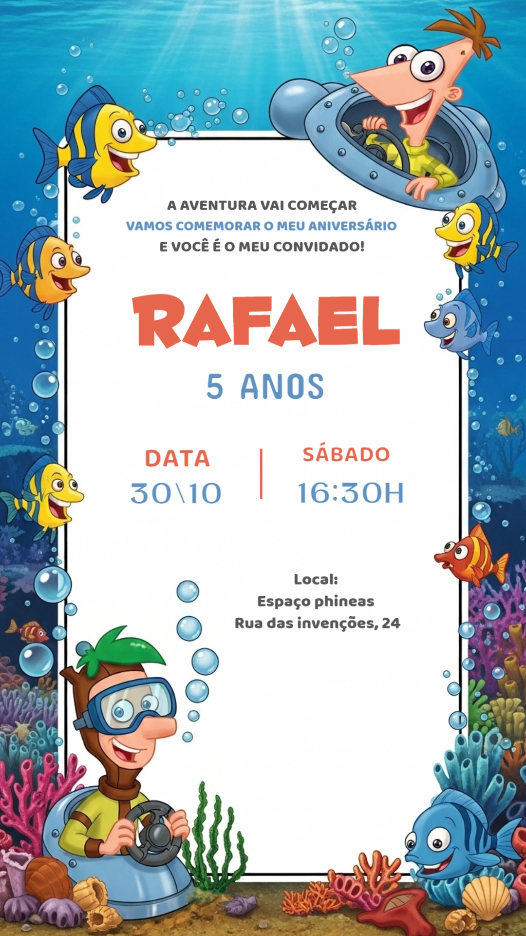 Convite Aniversário Phineas e Ferb Fundo do Mar para Editar