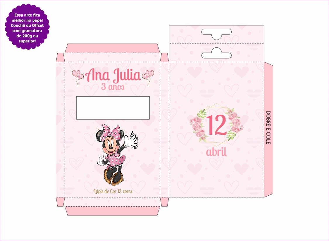 Caixa Lápis de Cor Minnie Rosa Aniversário para Editar Online
