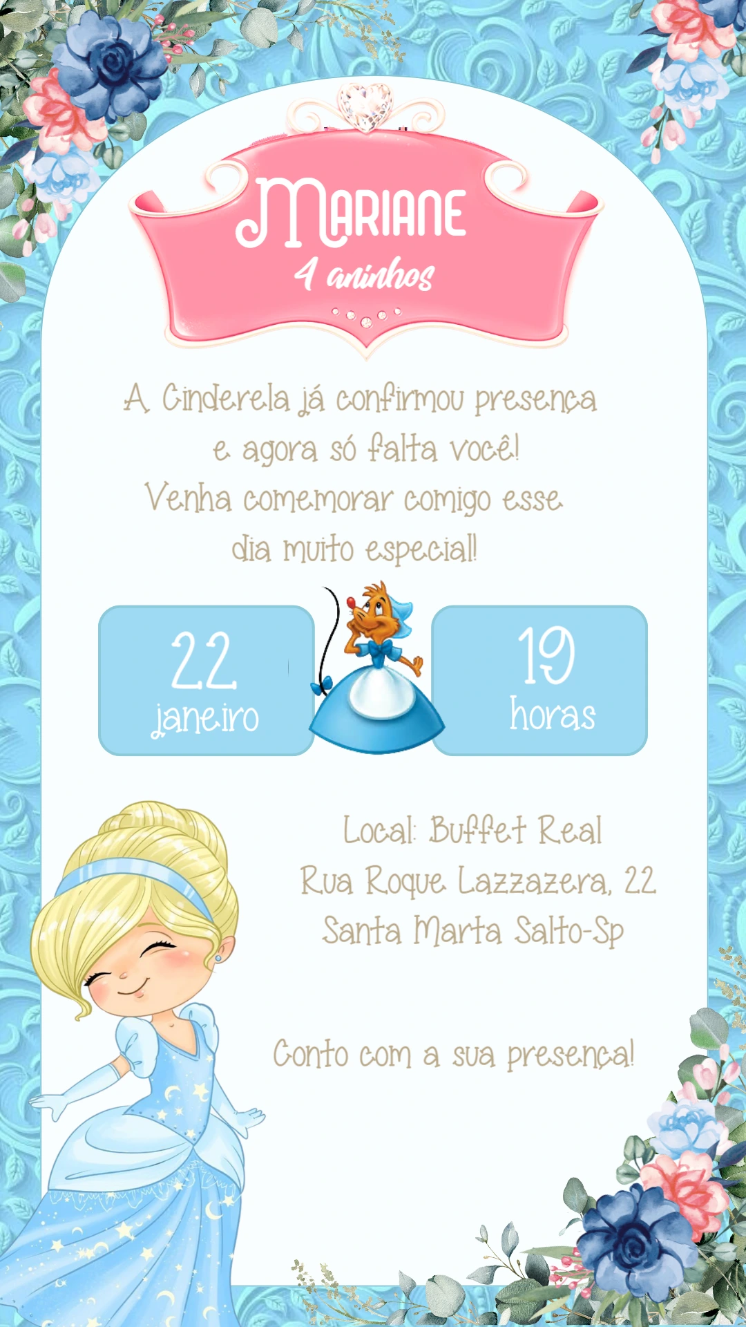 Convite Aniversário Cinderela Princesa para Editar Online