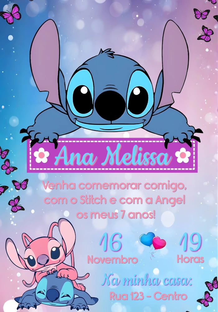 Convite Aniversário Stitch e Angel