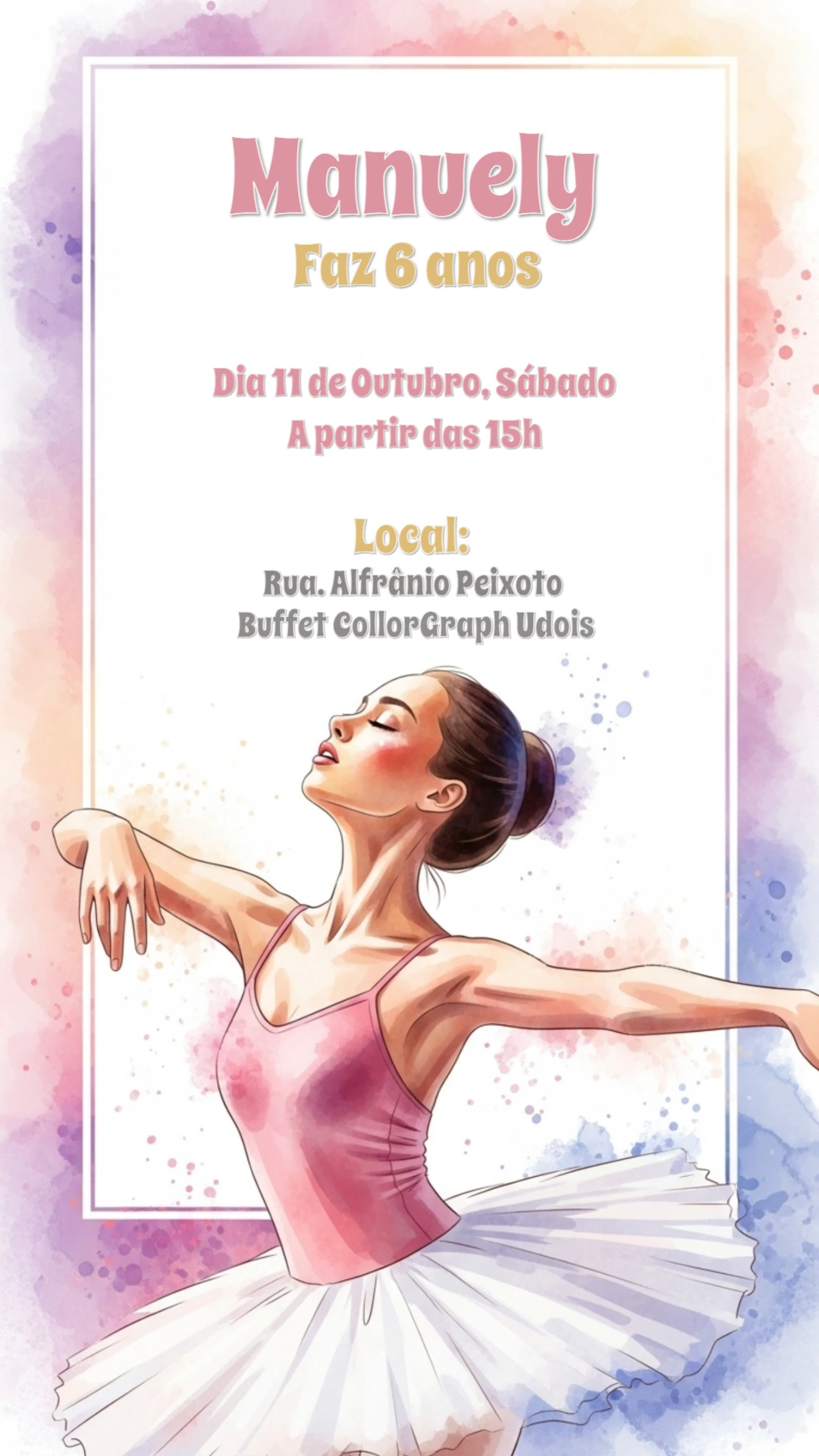 Convite de Aniversário Bailarina Aquarela para Editar Online