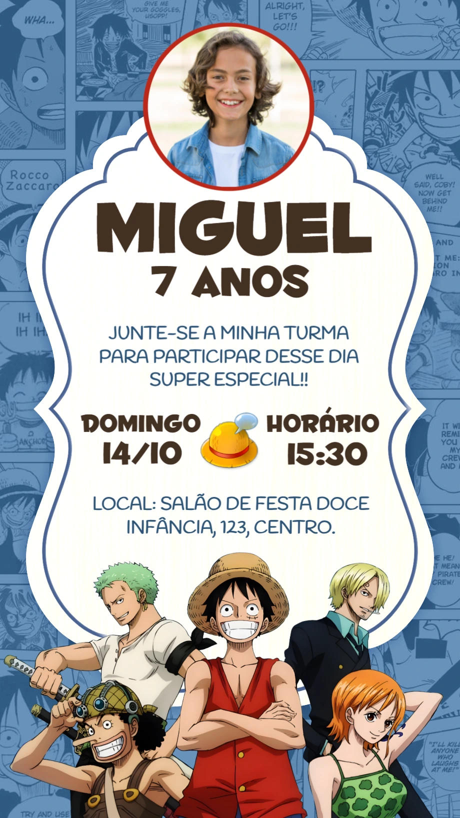 Convite de Aniversário One Piece com Foto para Editar Online