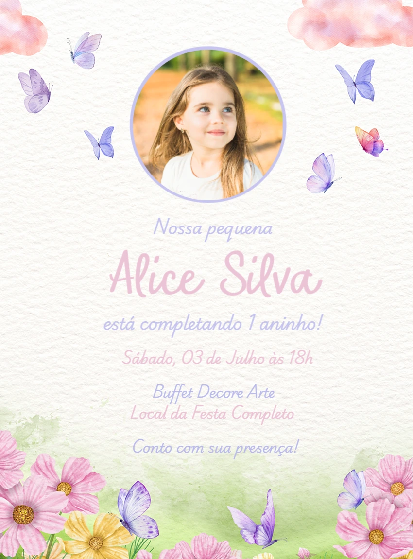 Convite Aniversário Jardim Encantado com Foto para Editar Online