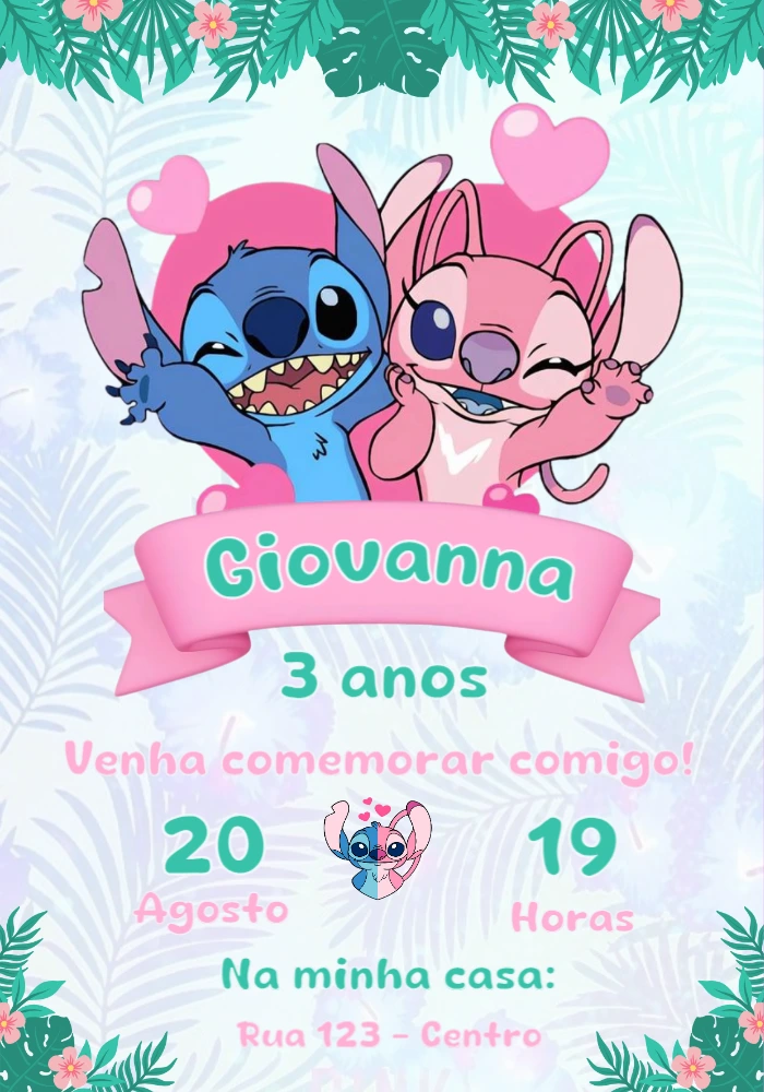 Convite de Aniversário Stitch e Angel para Editar Online