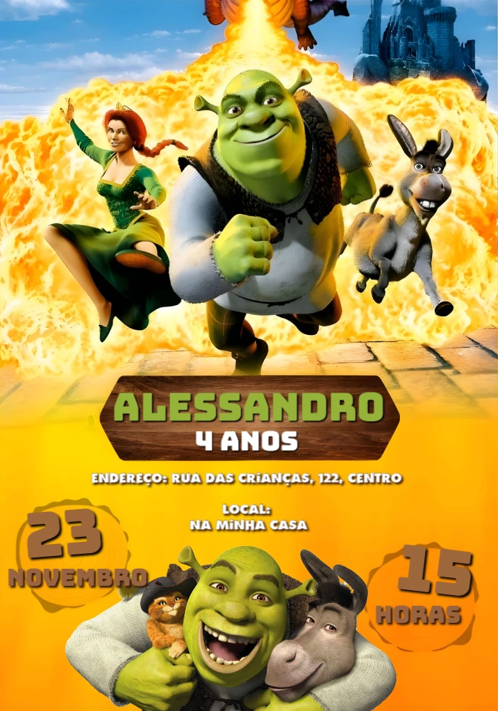 Convite de Aniversário Shrek com Personagens para Editar