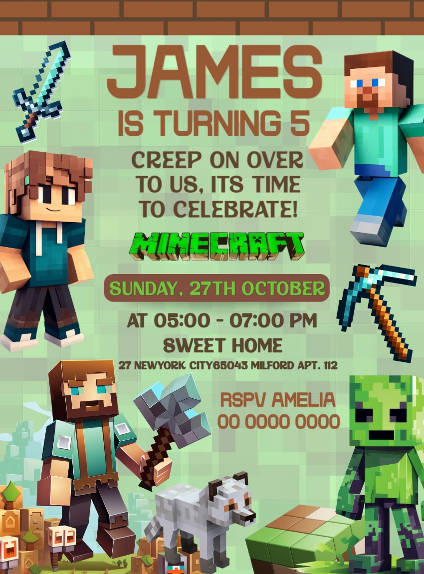 Editable Minecraft Birthday Invitation with Characters