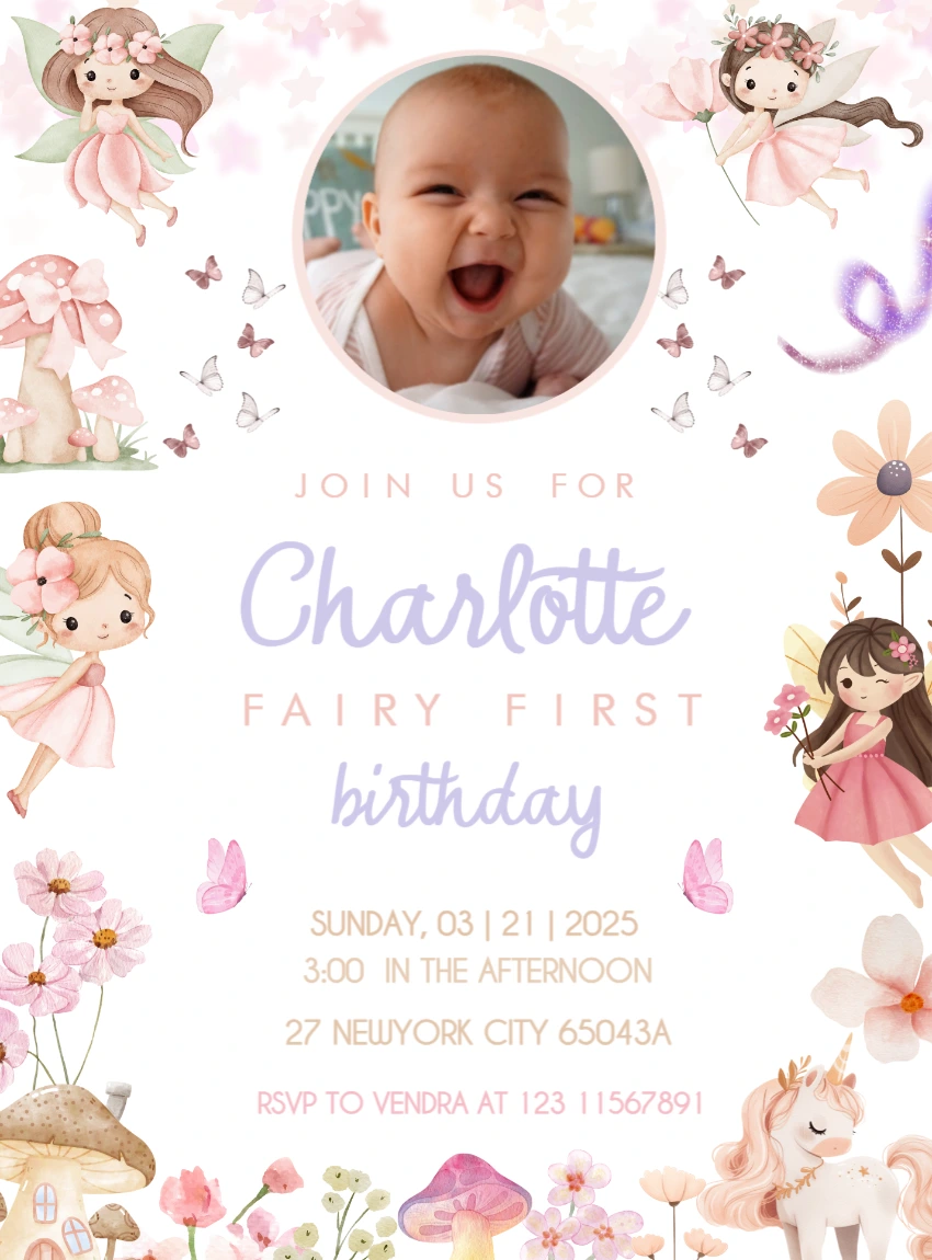 Editable Fairy First Birthday Invitation with Photo Template