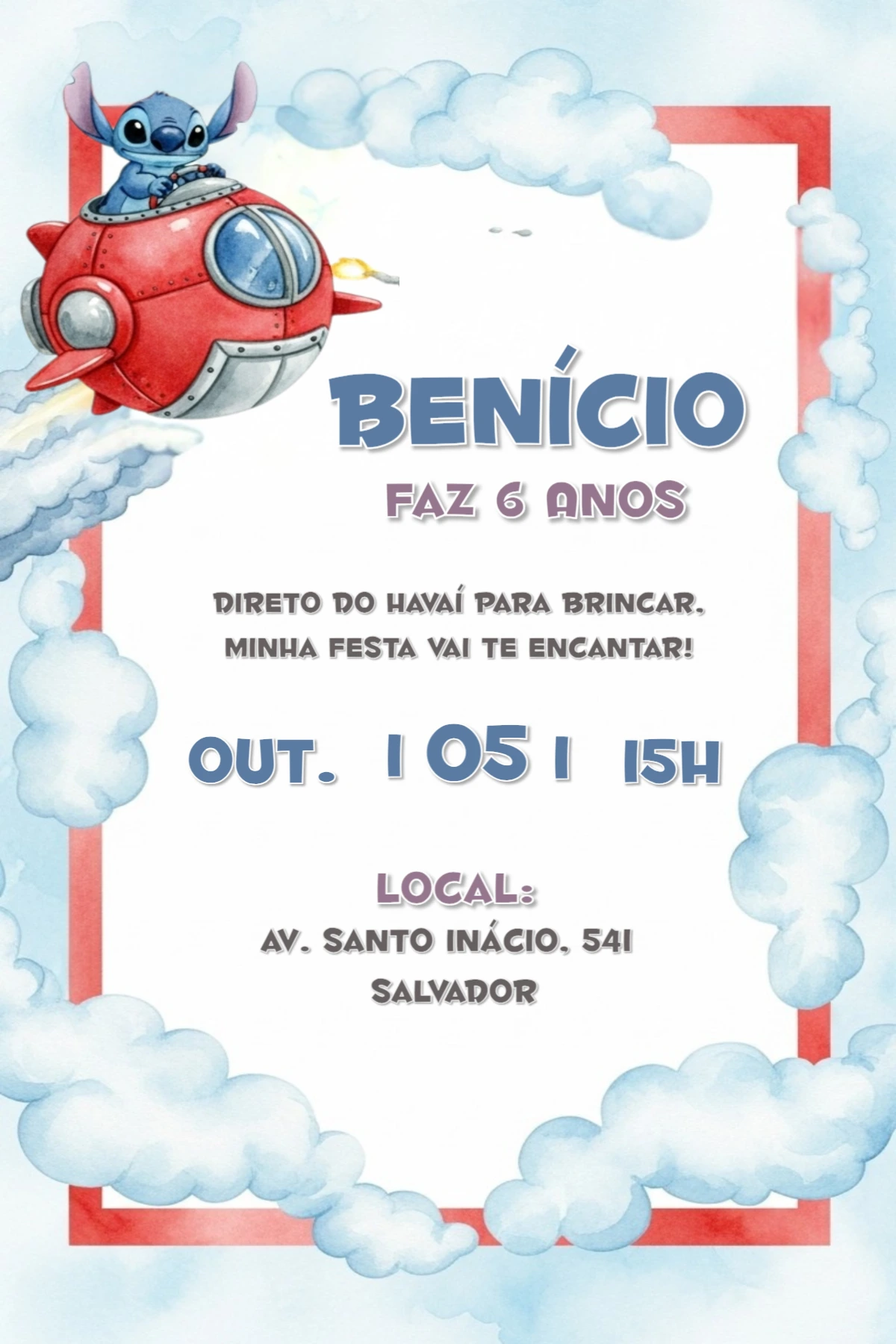Convite de Aniversário Stitch Editável Online para Imprimir