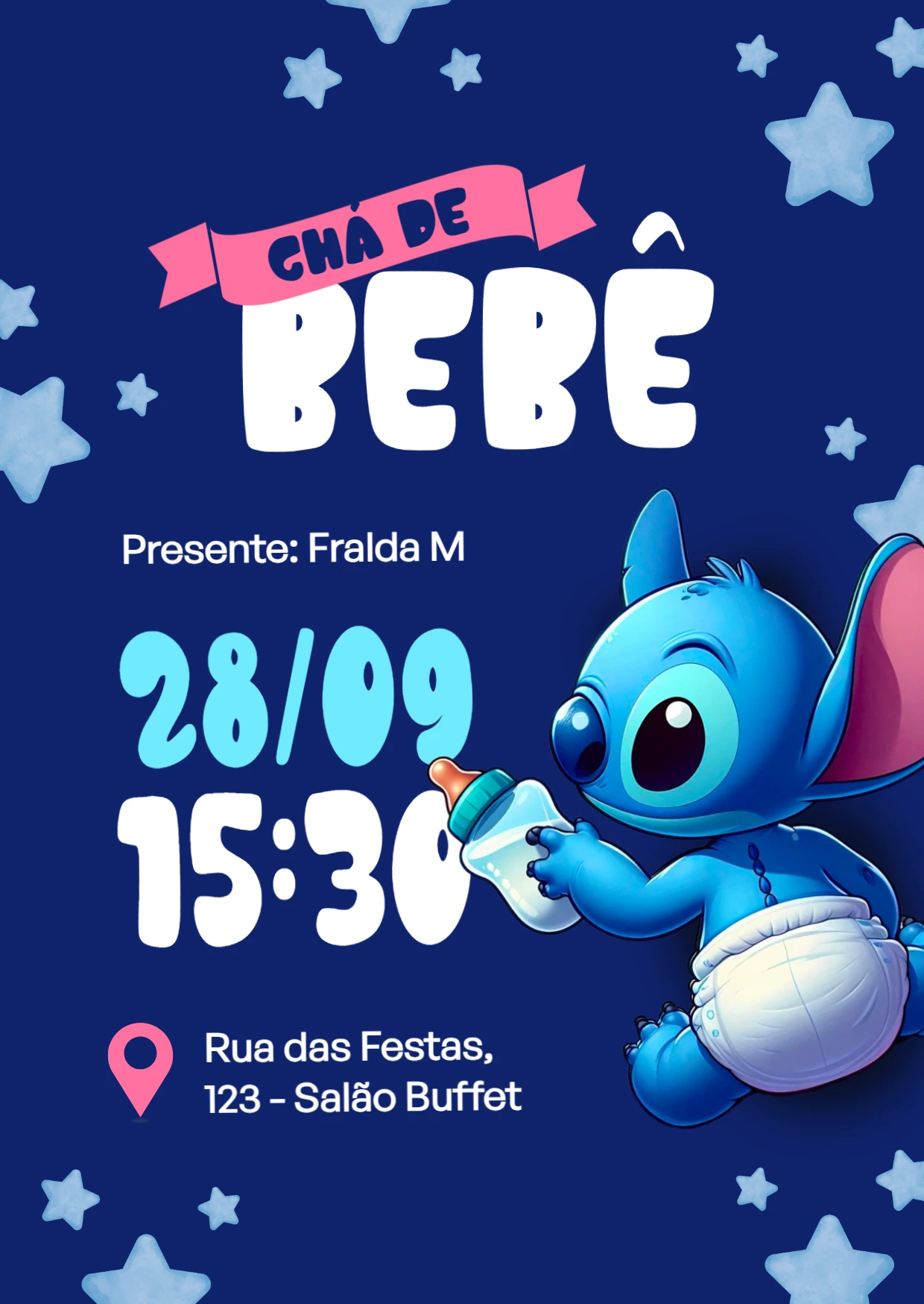 Convite Chá de Bebê Stitch Baby para Editar Online e Imprimir