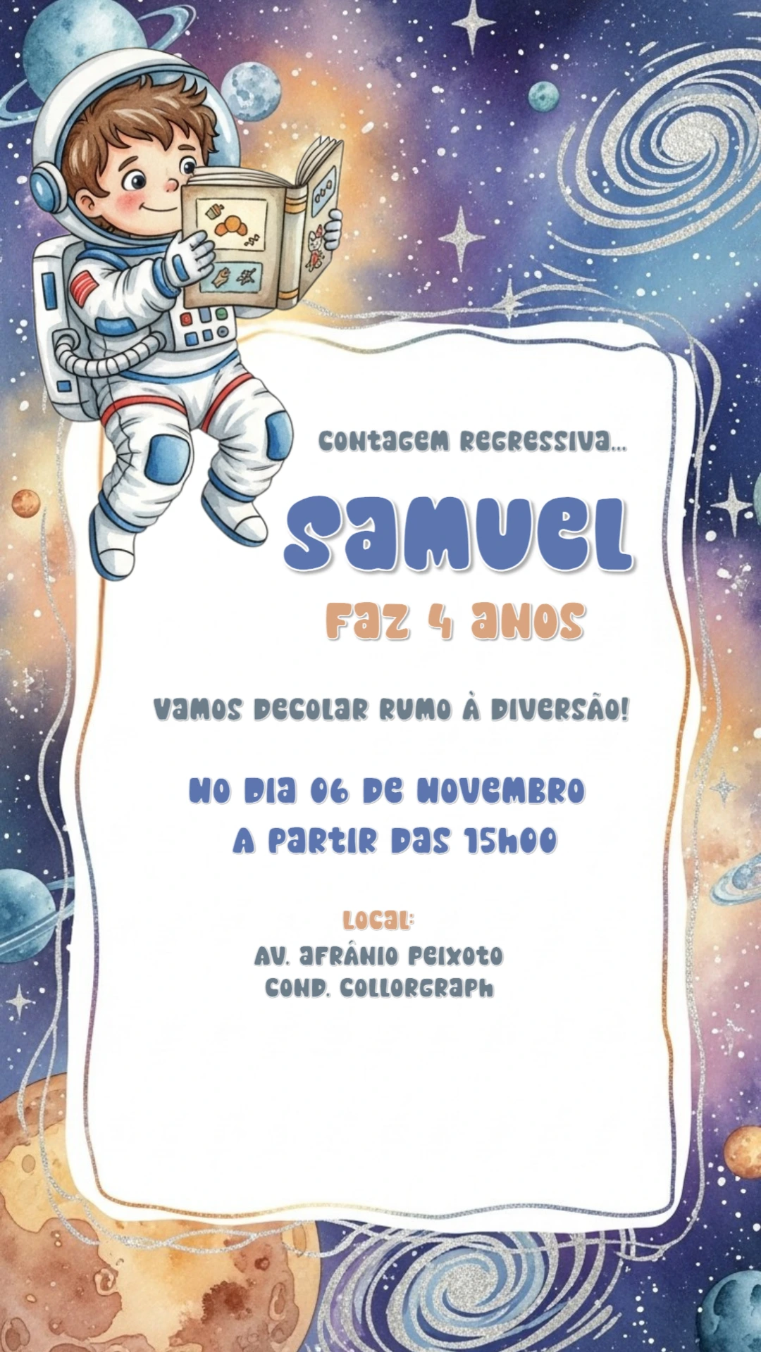 Convite de Aniversário Astronauta Infantil para Editar Online