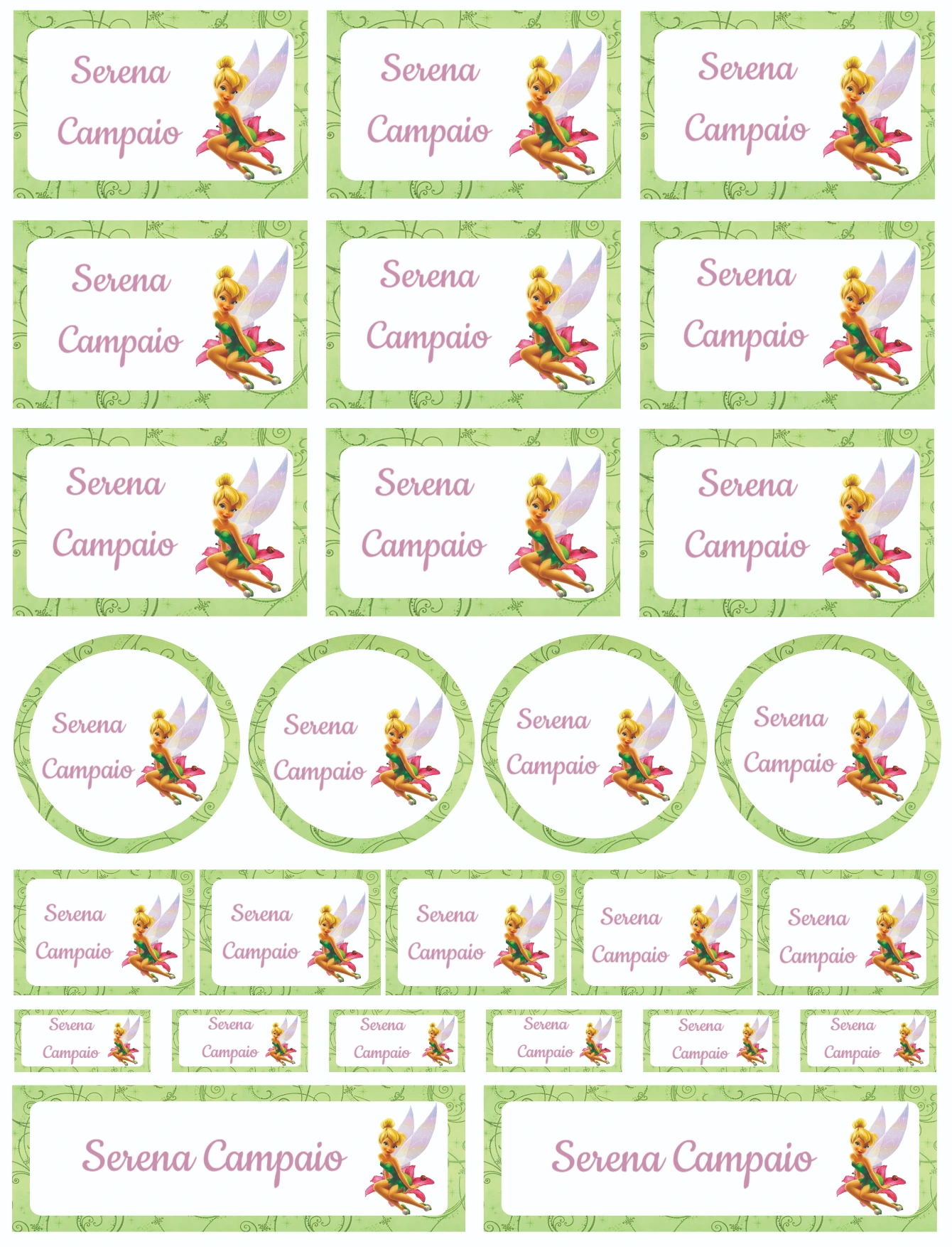 Etiquetas Escolares Tinker Bell Sininho Editáveis para Imprimir