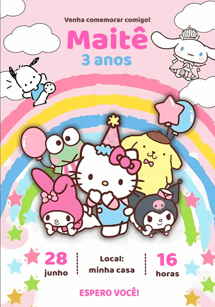 Convite de Aniversário Hello Kitty e Turma para Editar Online