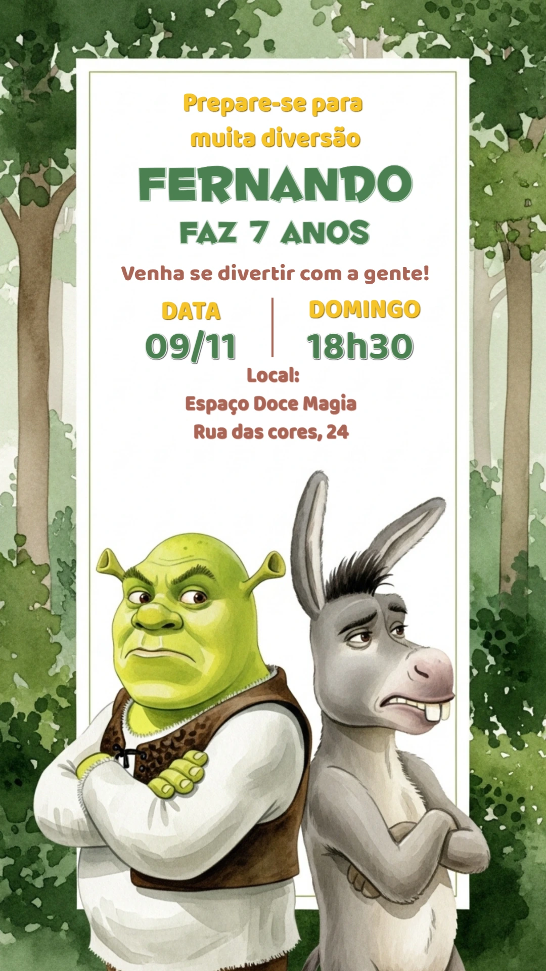 Convite de Aniversário Shrek e Burro para Editar Online