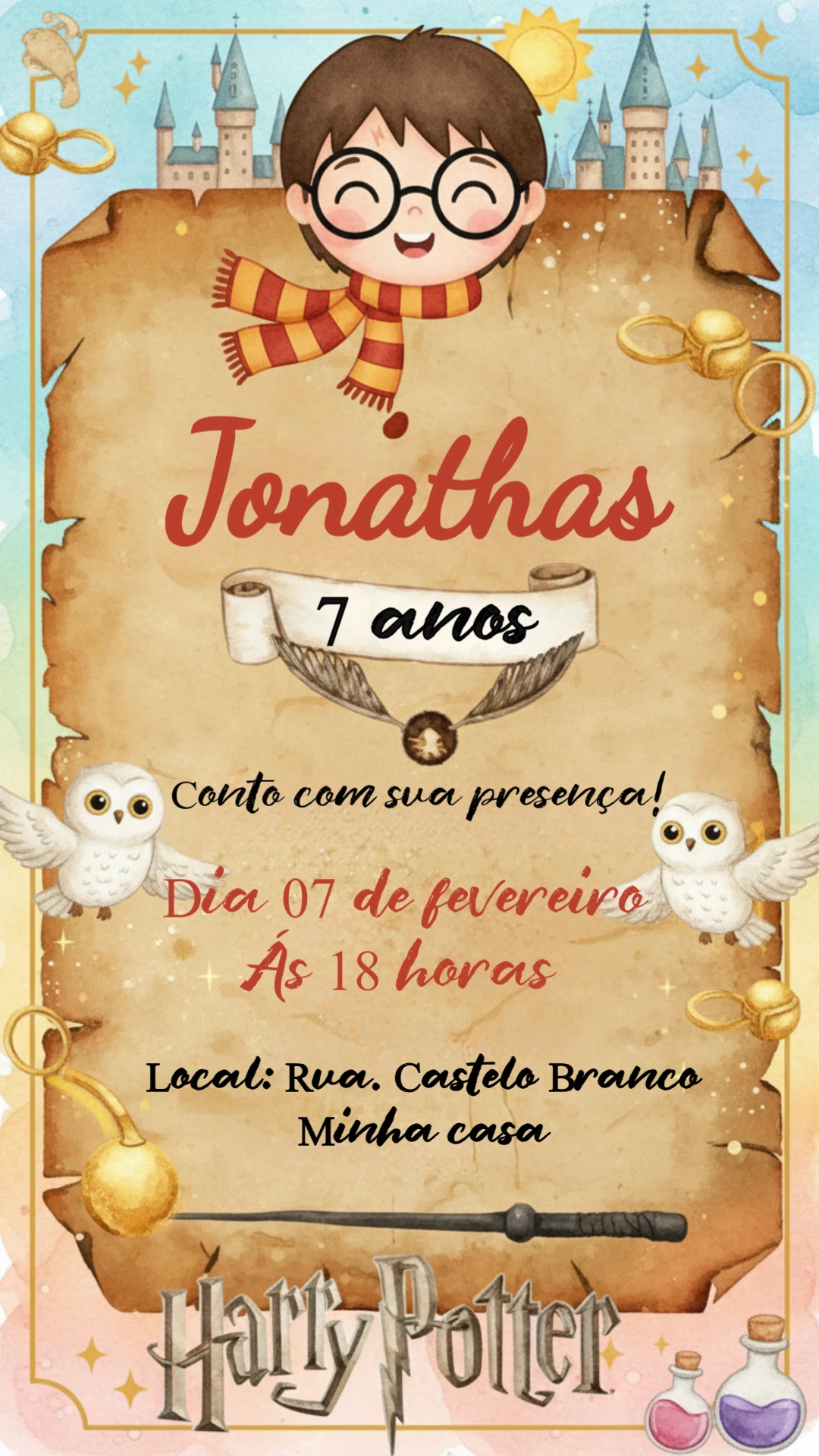 Convite de Aniversário Harry Potter Infantil Editável
