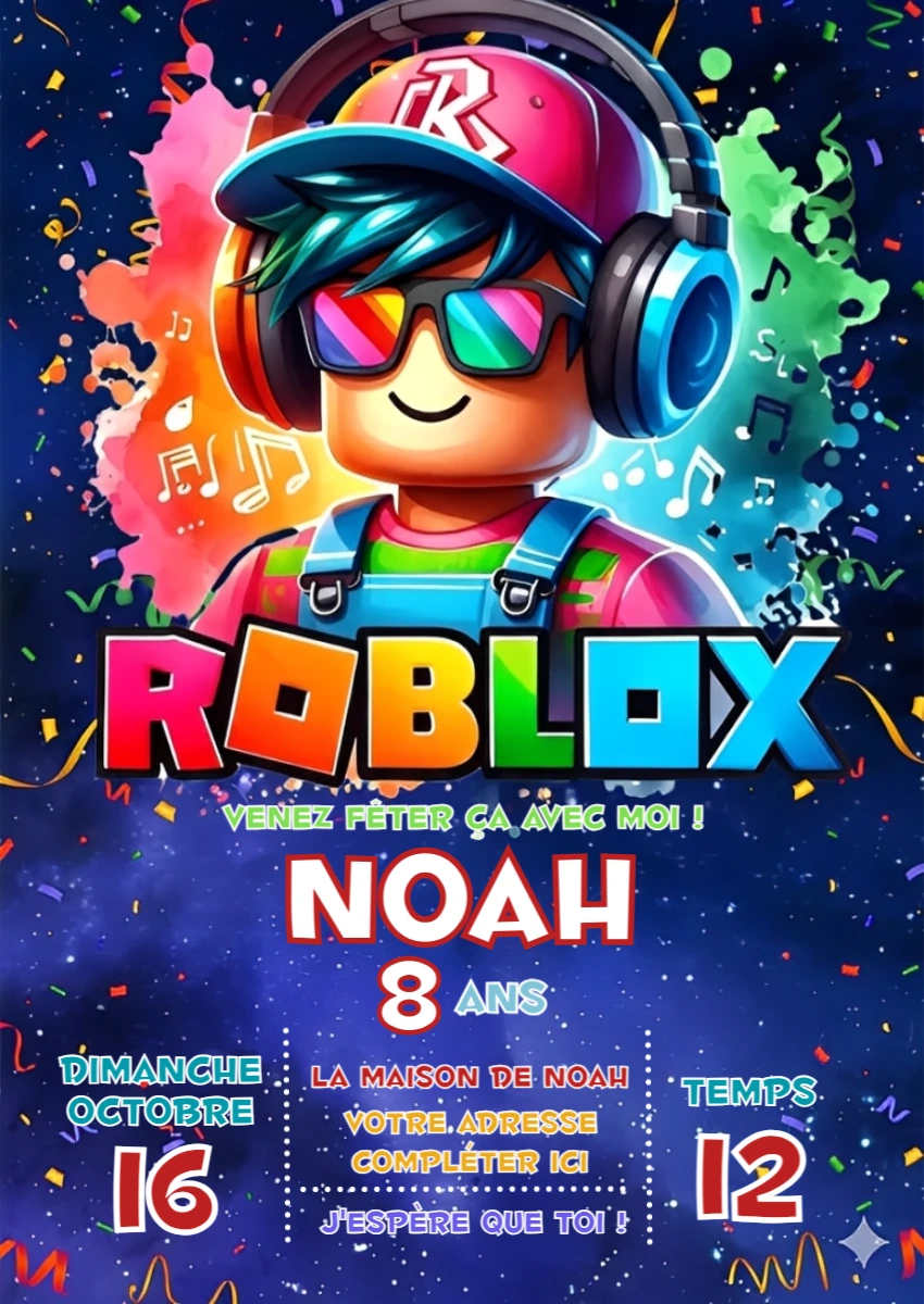Invitation Anniversaire Roblox Personnage à Modifier en Ligne