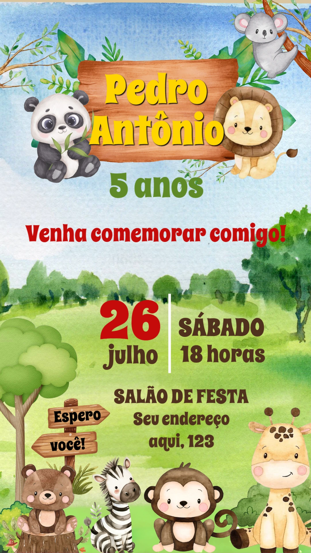 Convite Aniversário Safari Aquarela para Editar Online