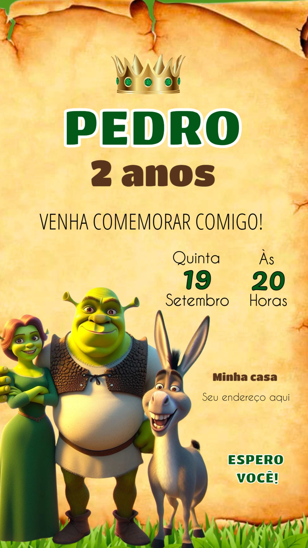 Convite de Aniversário Shrek com Personagens para Editar Online