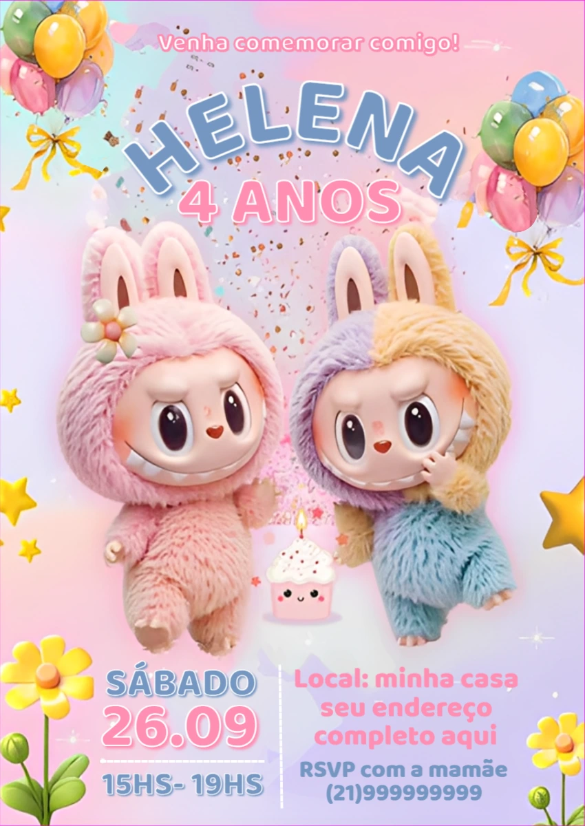 Convite de Aniversário Labubu Fofo para Editar Online
