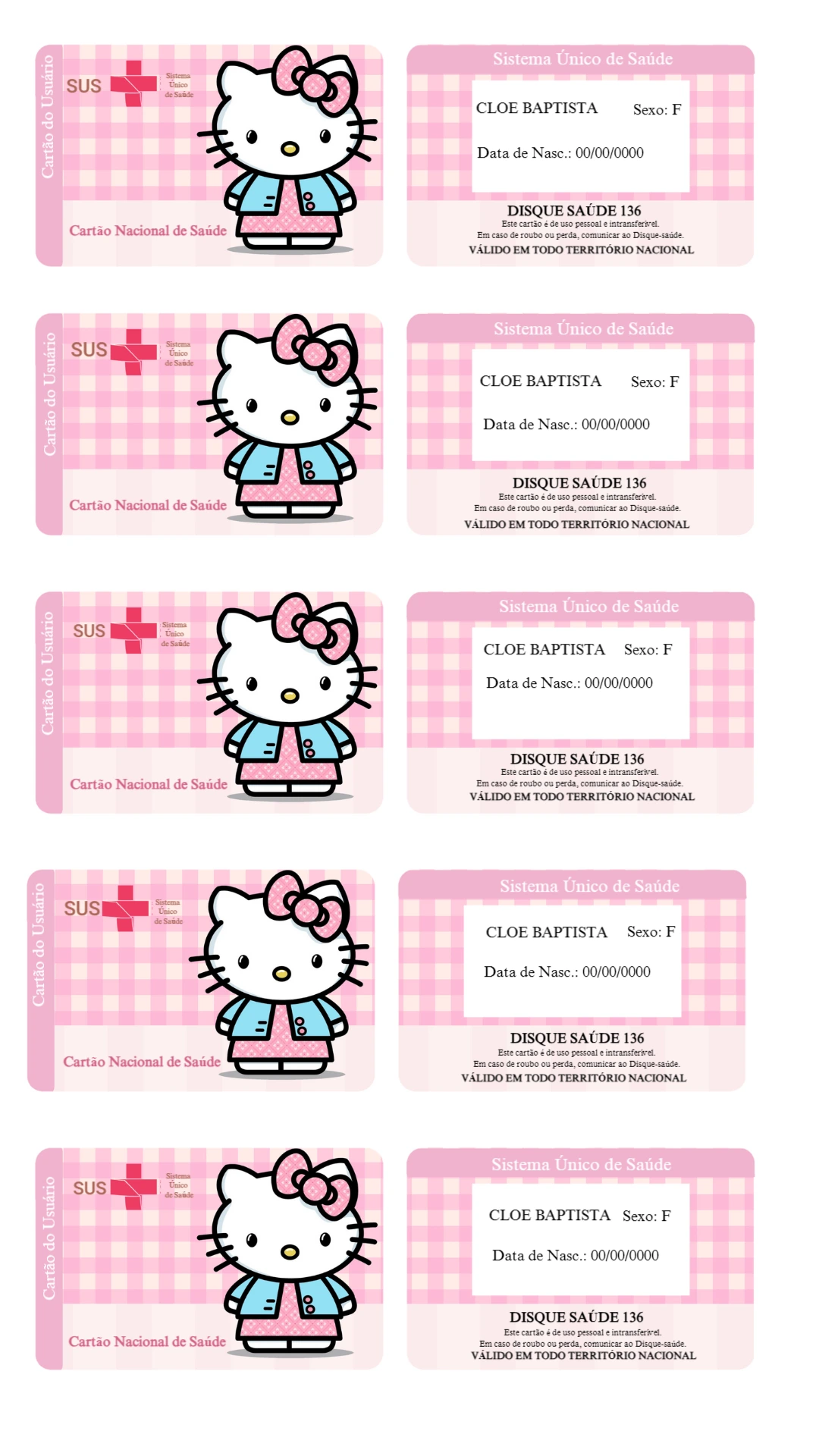 Cartão do SUS Personalizado Hello Kitty para Editar Online