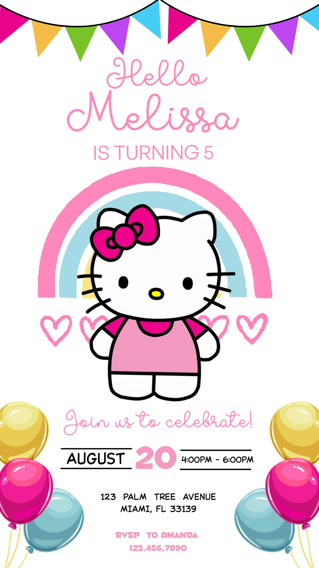 Hello Kitty Rainbow Birthday Invitation | Editable Digital Card