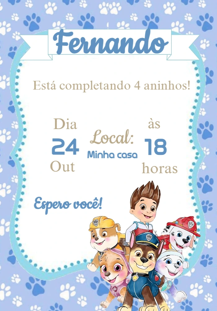 Convite de Aniversário Patrulha Canina Azul para Editar Online