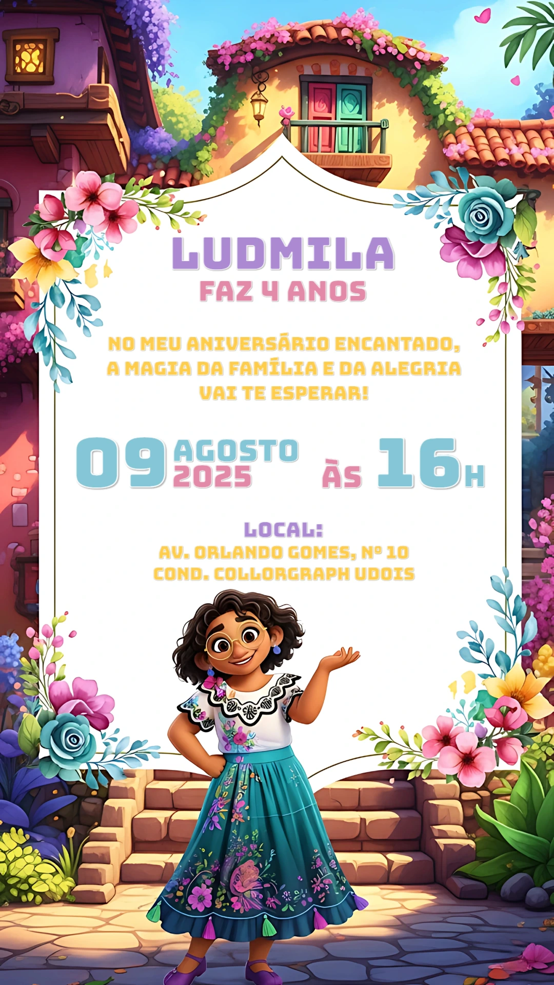 Convite de Aniversário Encanto com Personagem para Editar Online