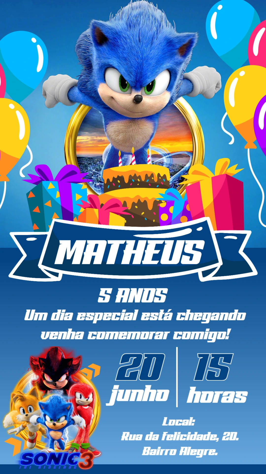 Convite de Aniversário Sonic 3 com Personagens para Editar Online