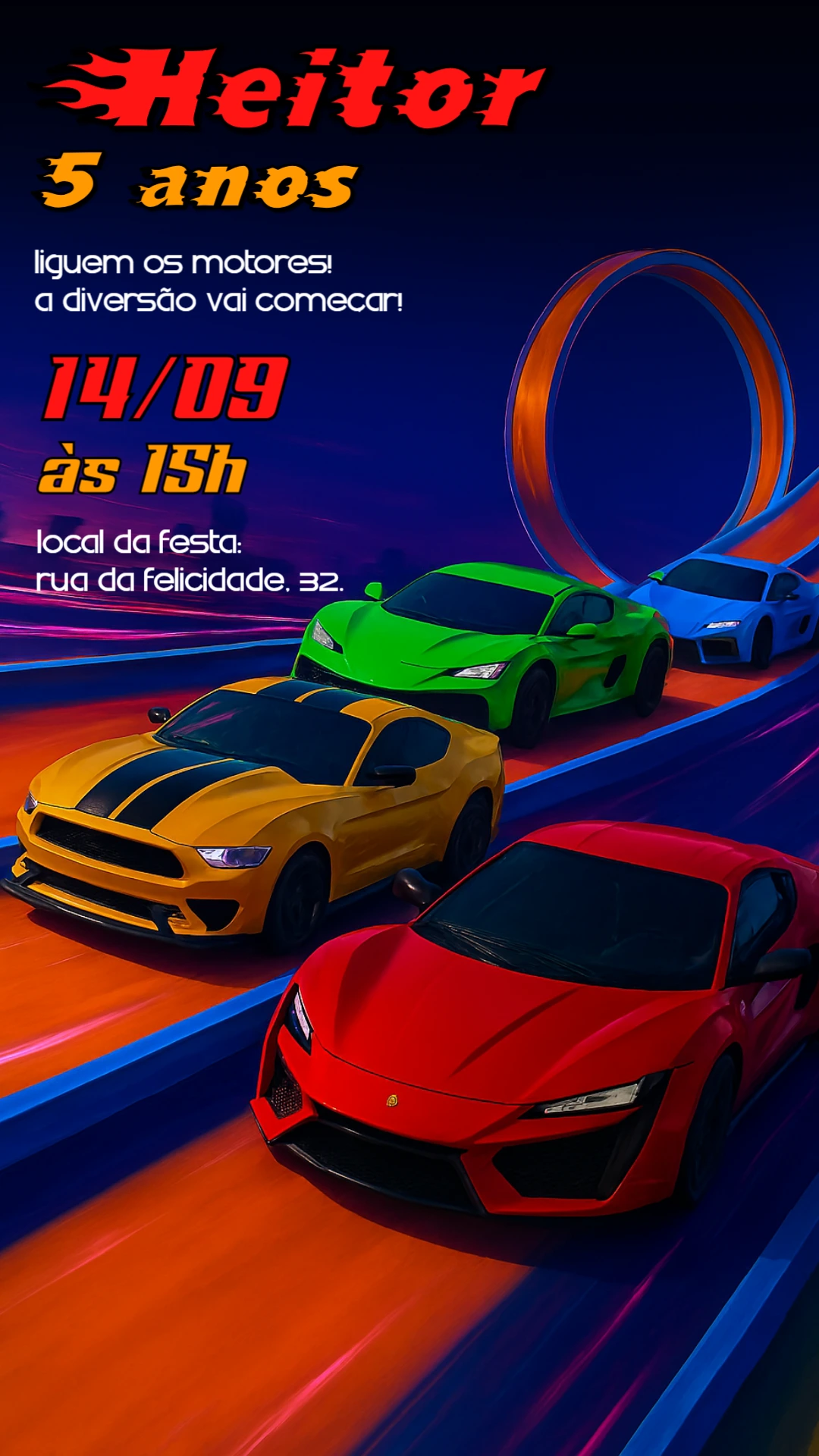Convite de Aniversário Carros de Corrida para Editar Online
