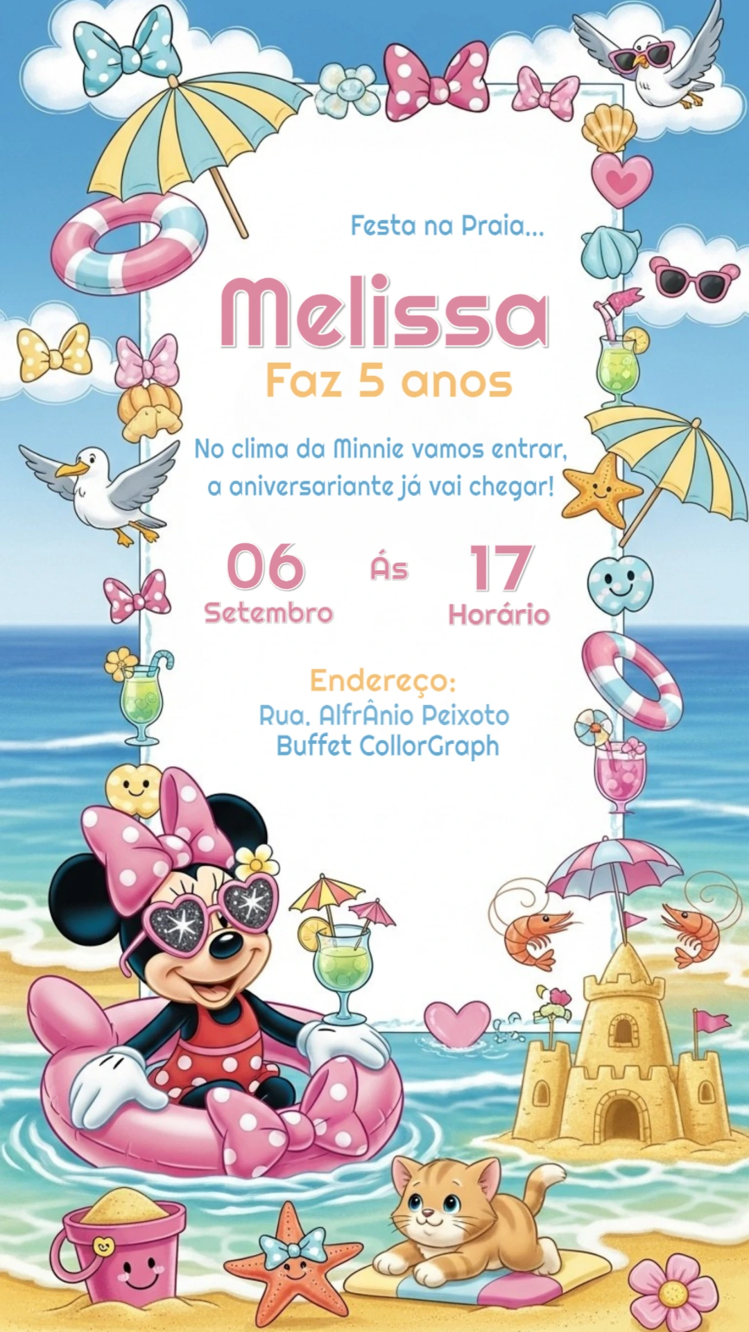 Convite Aniversário Minnie na Praia Editável Online