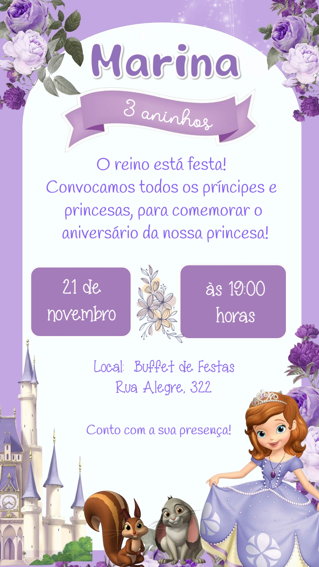 Convite de Aniversário Princesa Sofia Editável Online