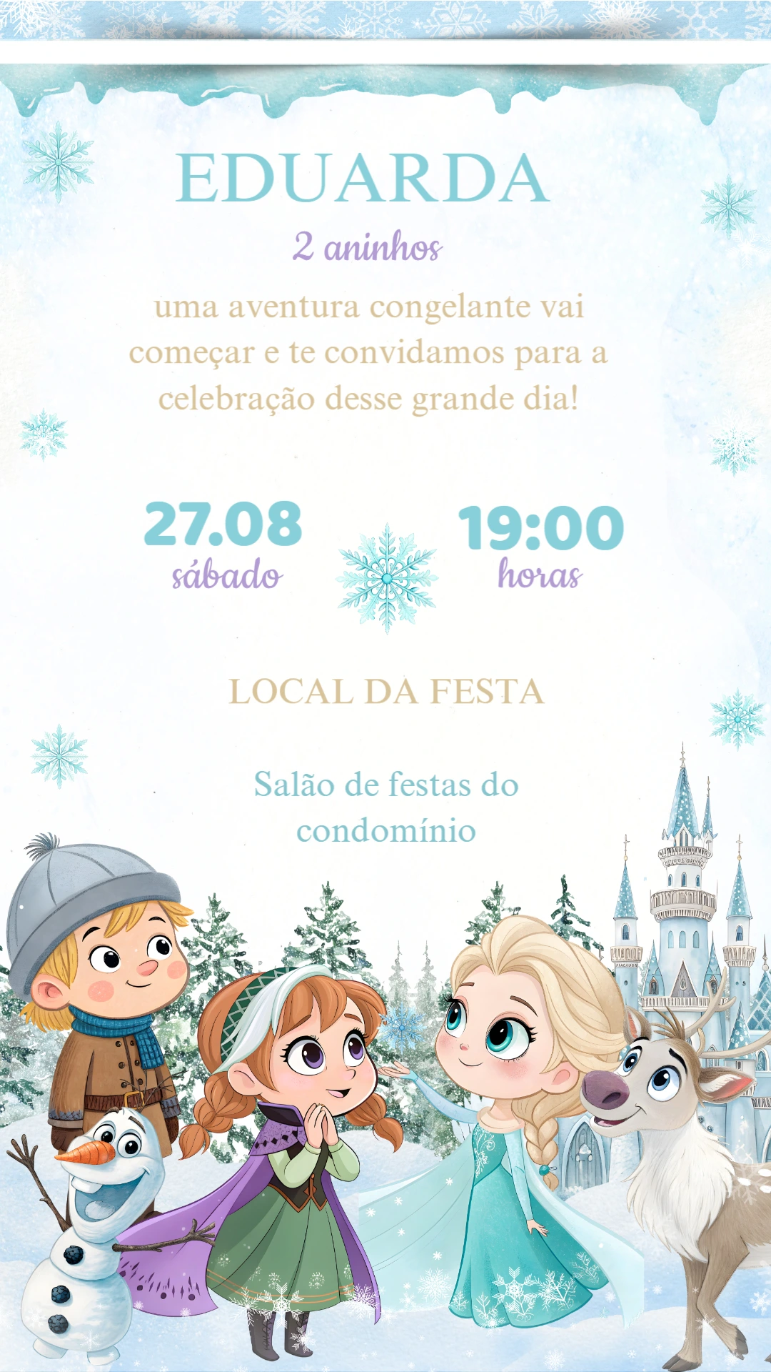 Convite de Aniversário Frozen com Personagens para Editar Online