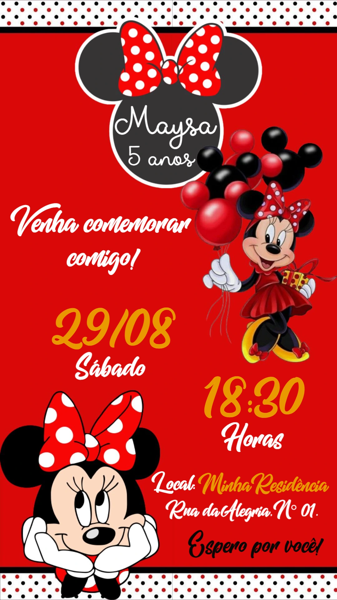 Convite de Aniversário Minnie Vermelha para Editar Online