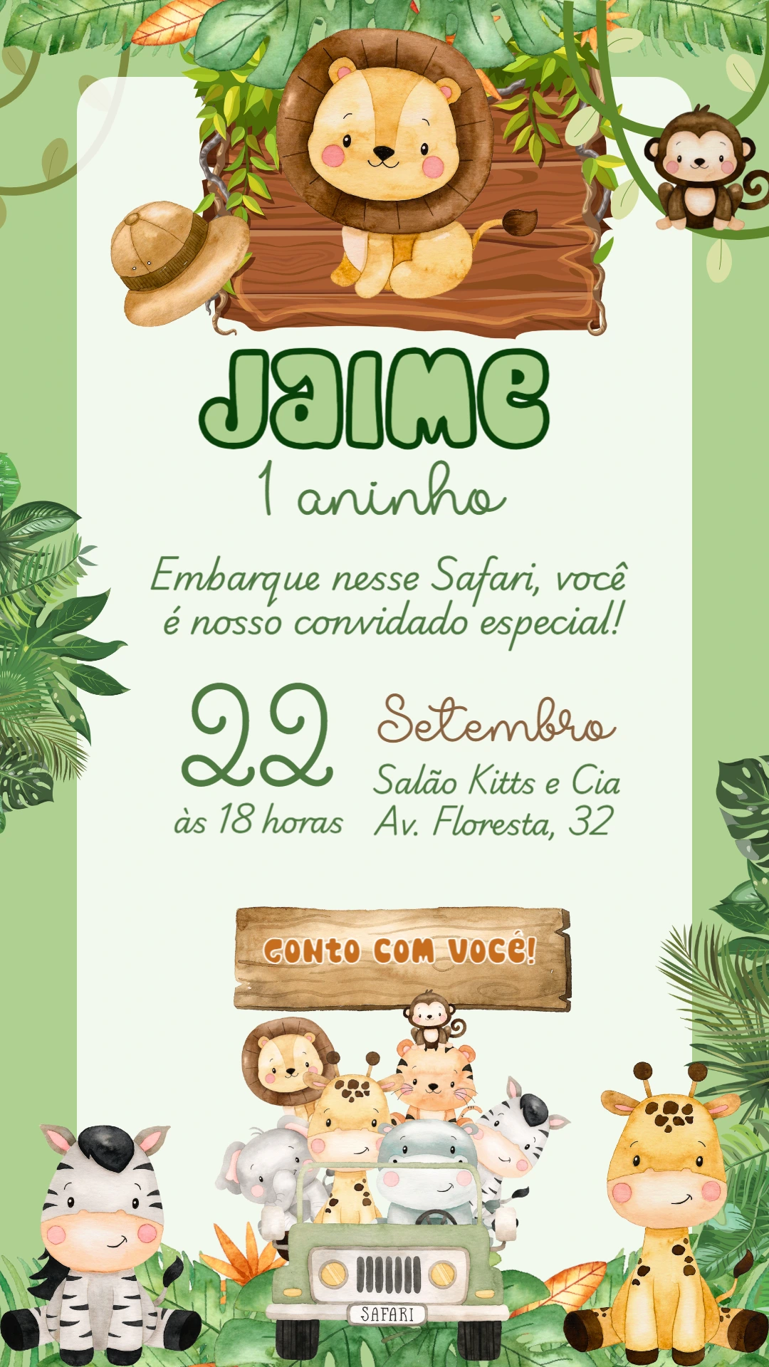 Convite Aniversário Safari com Animais para Editar Online