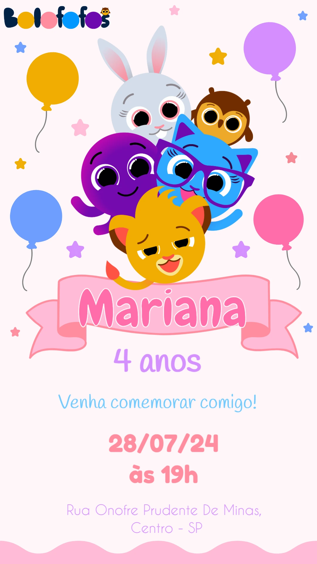 Convite de Aniversário Bolofofos Fofo e Colorido para Editar