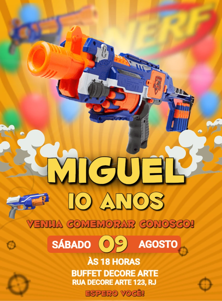 Convite de Aniversário Nerf Editável para Festa de Ação