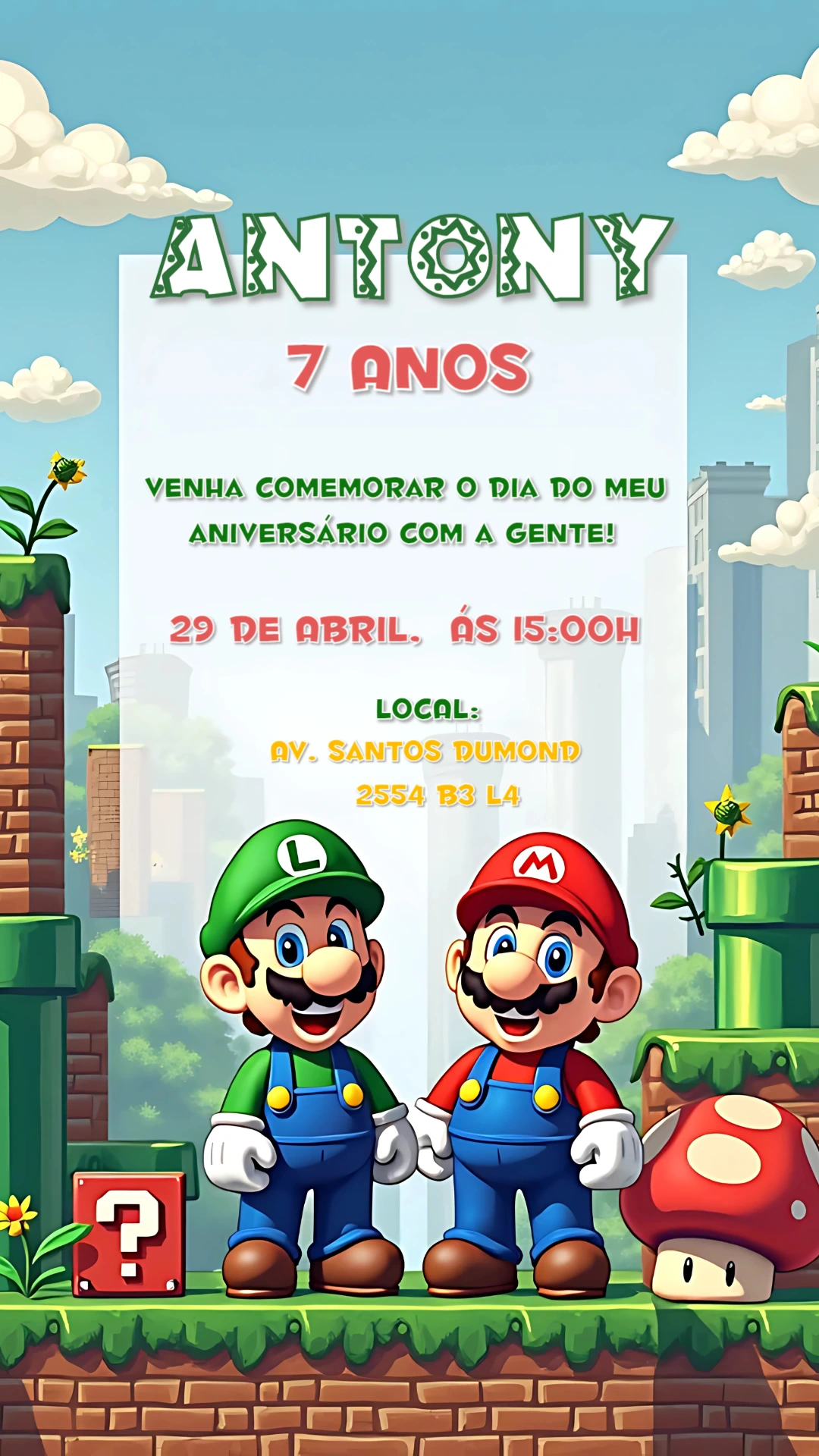 Convite de Aniversário Super Mario e Luigi para Editar Online