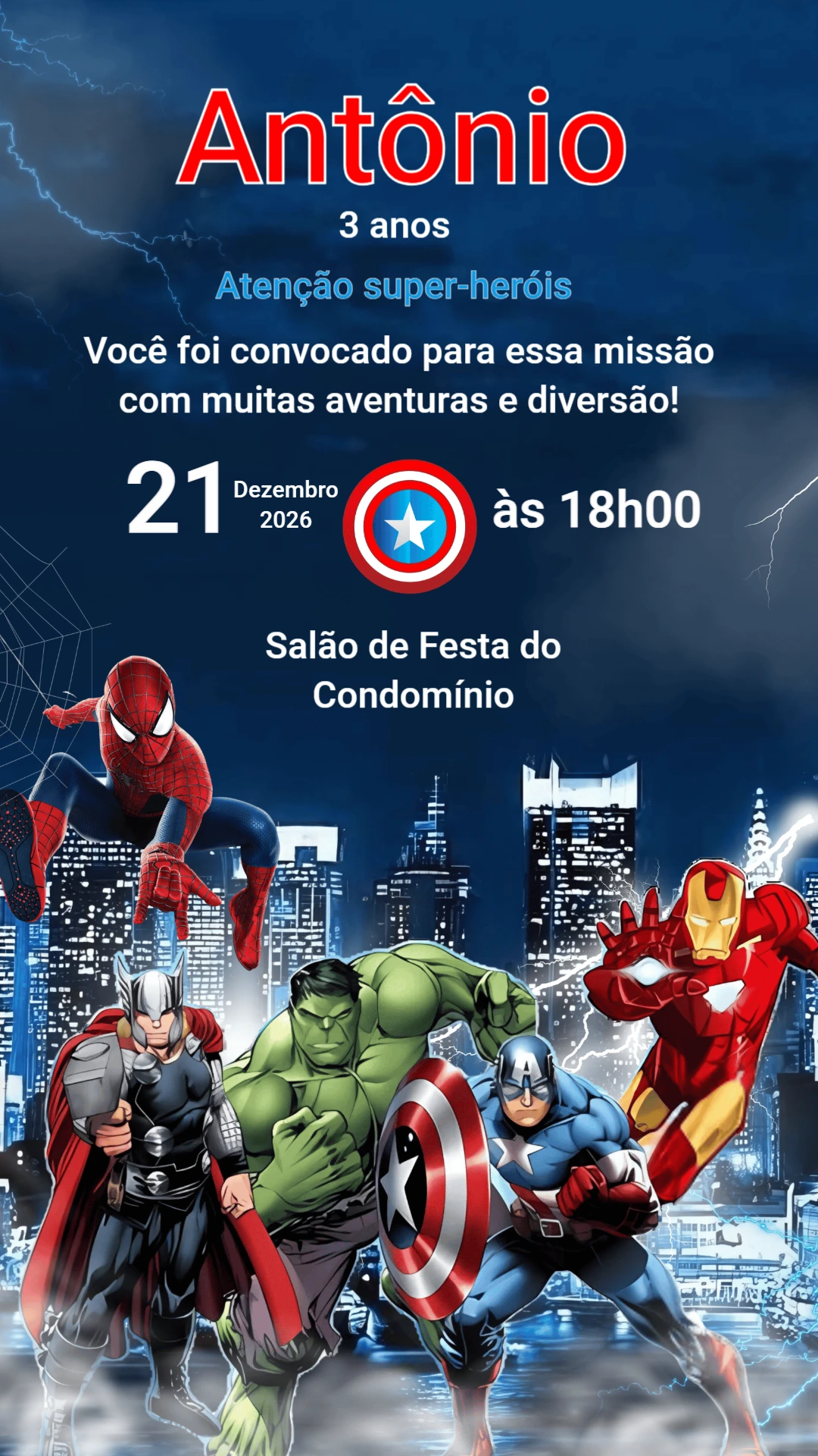 Convite de Aniversário Super-Heróis Vingadores Editável