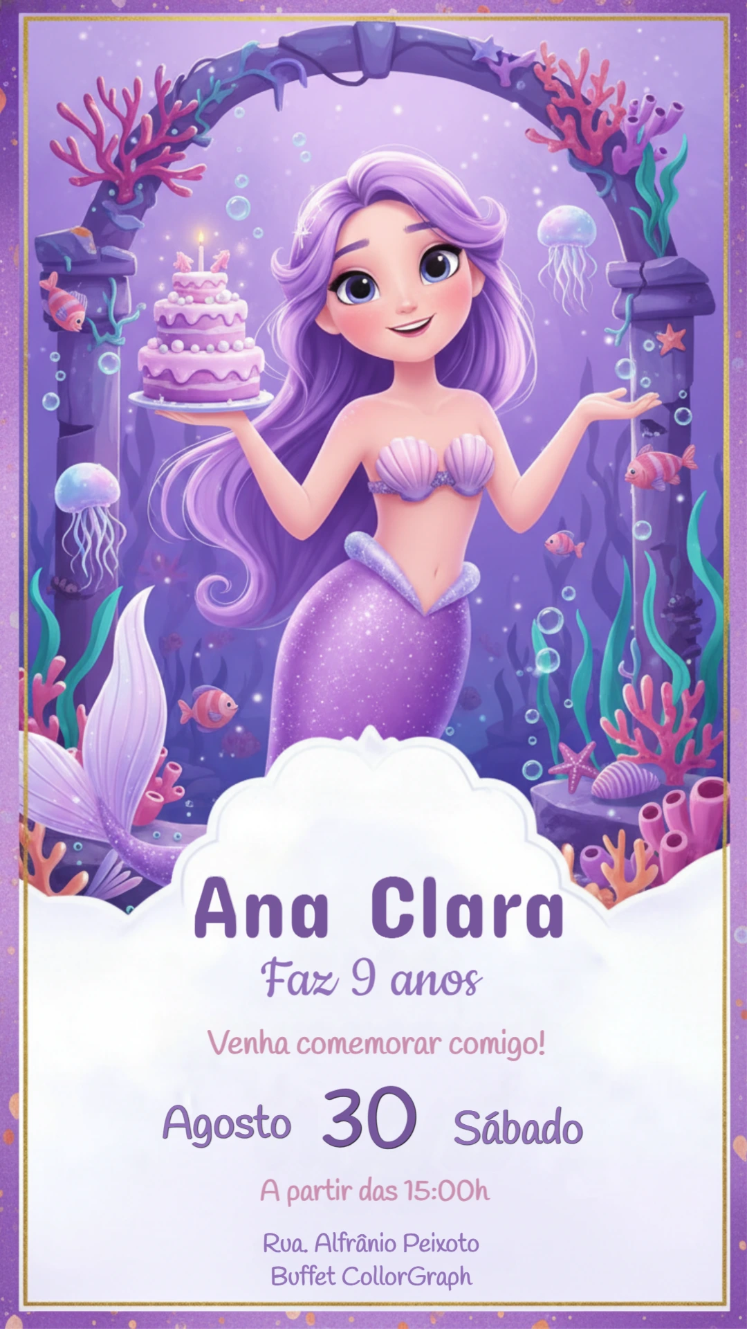 Convite Digital Editável de Aniversário Tema Sereia Lilás