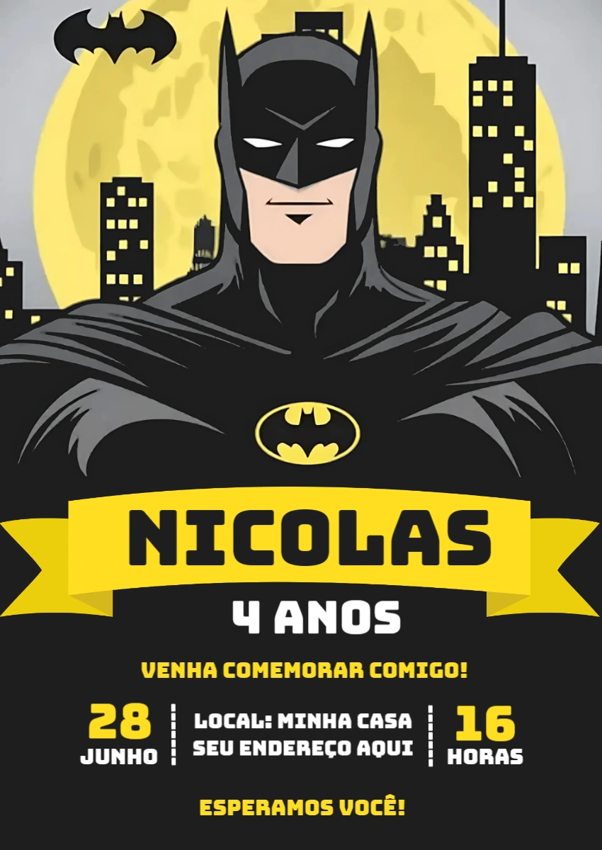 Convite de Aniversário Batman para Editar Online