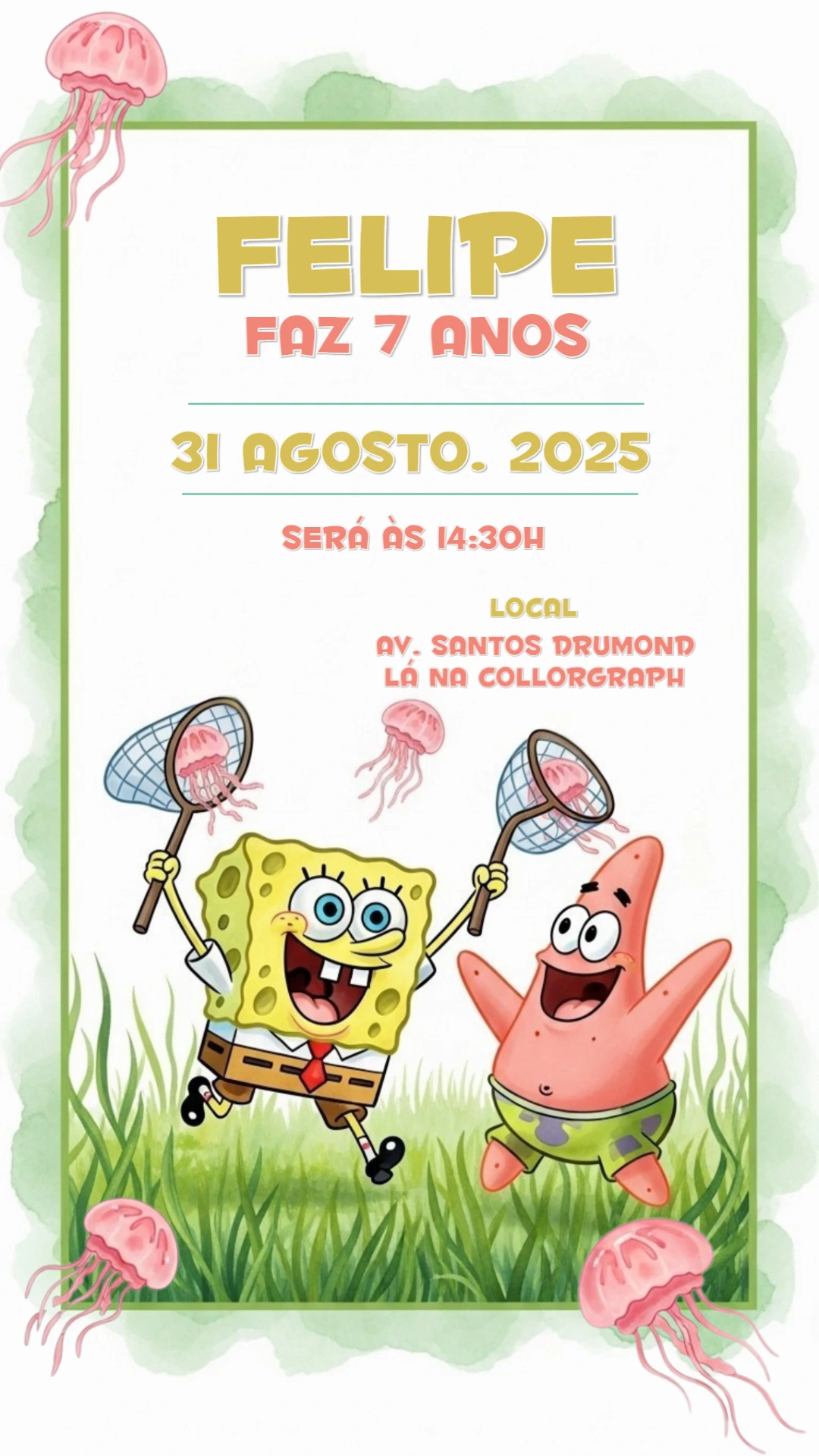 Convite de Aniversário Bob Esponja para Editar Online