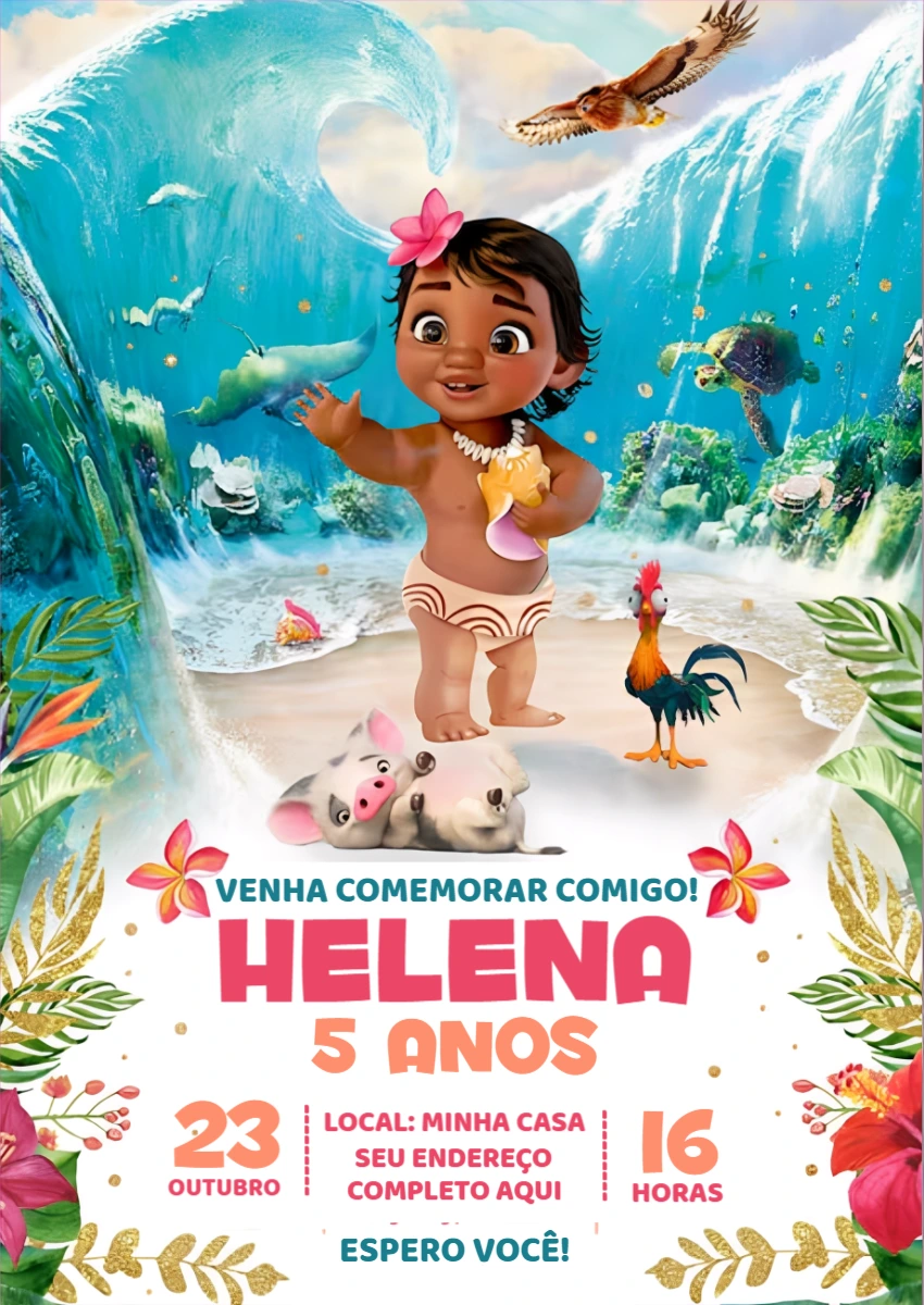 Convite Aniversário Moana Baby para Editar e Imprimir
